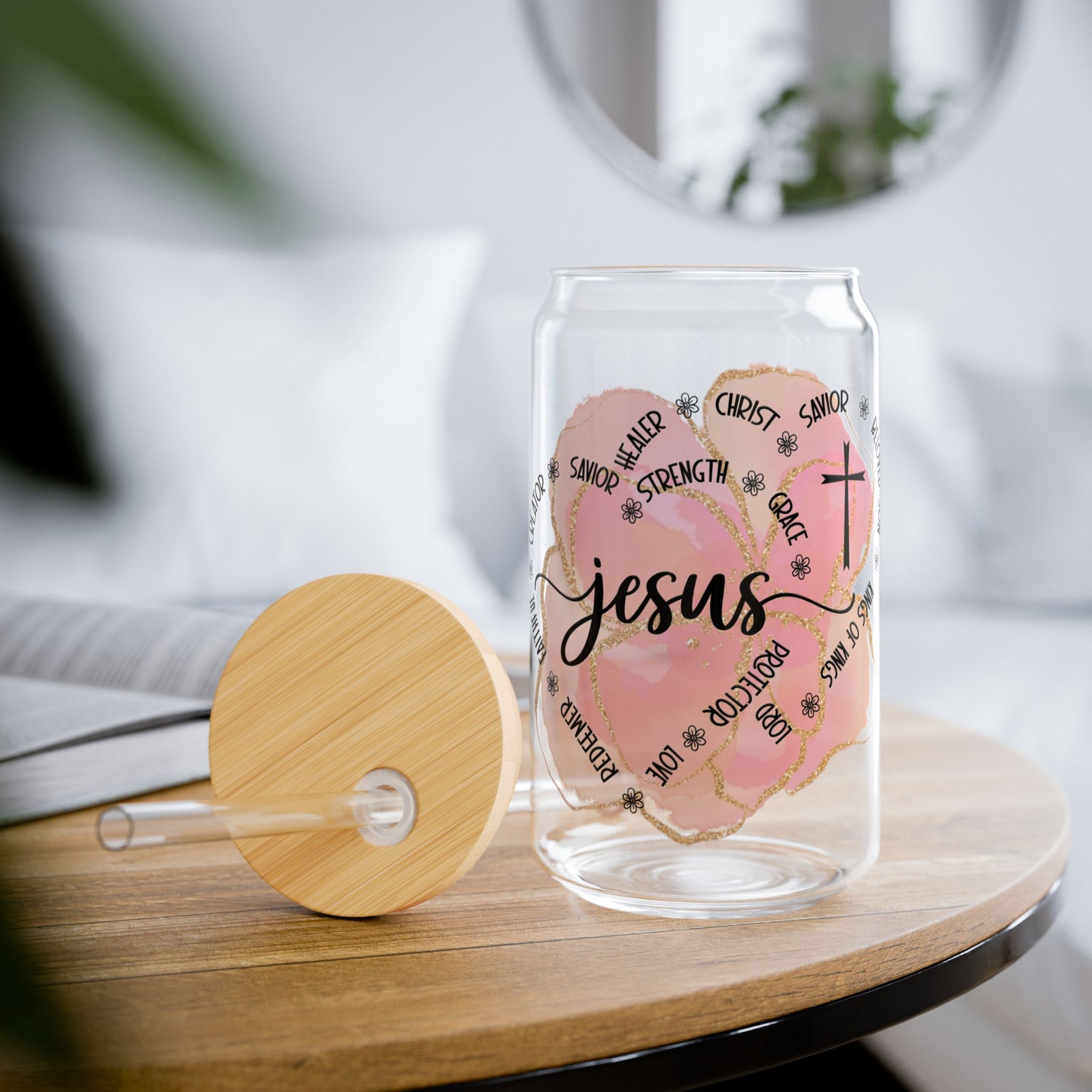 Jesus Strength & Grace Christian Tumbler Sipper Glass 16oz — Reusable Drink Jar with Lid & Straw - Sydney So Sweet