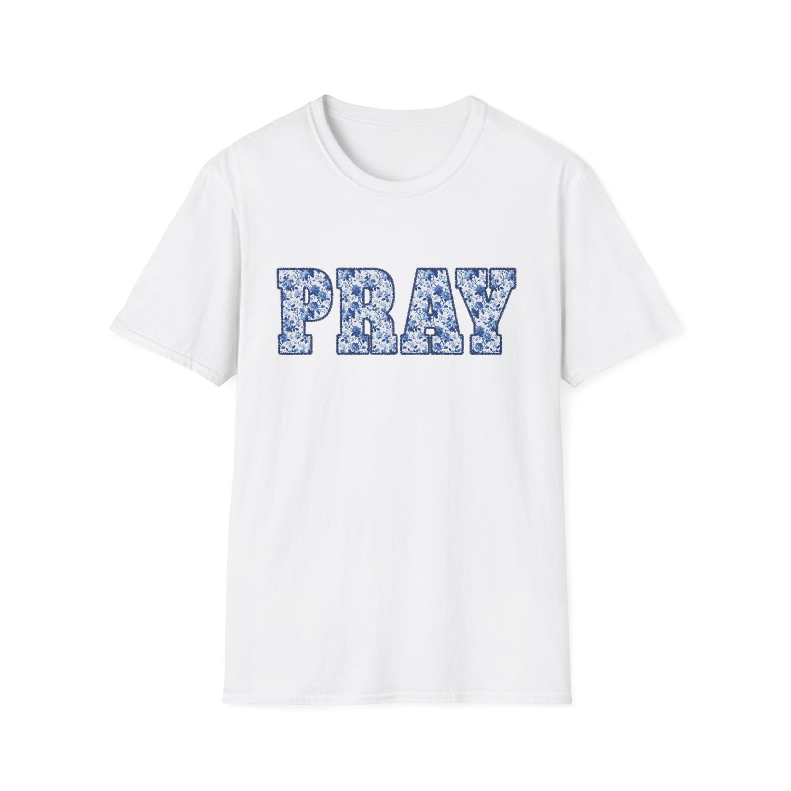Pray Floral T-Shirt Blue Flower Lettering Christian Tee