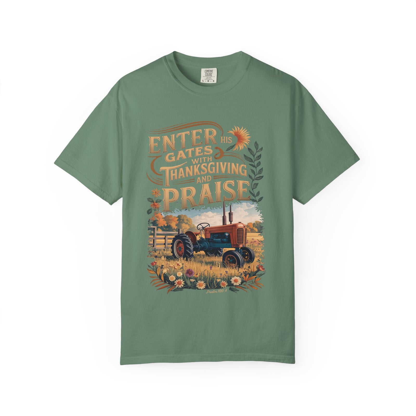 Enter His Gates with Thanksgiving and Praise Tractor T-Shirt Fall Christian Tee