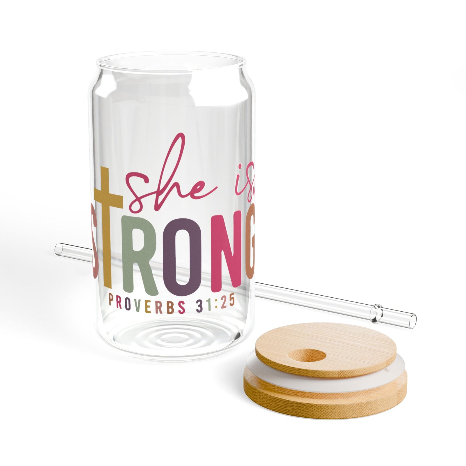 She Is Strong Proverbs 31:25 Inspirational Sipper Glass 16oz — Reusable Drink Jar with Lid & Straw