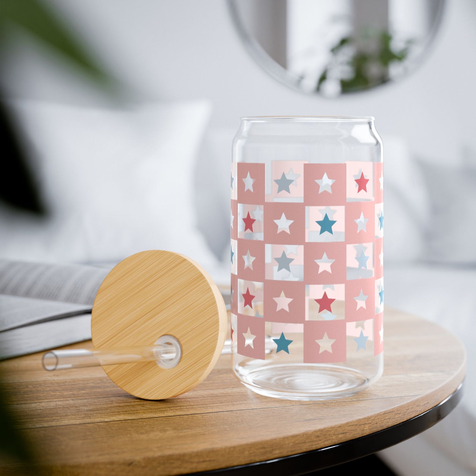 Checkered Stars Tumbler Sipper Glass 16oz — Reusable Drink Jar with Lid & Straw