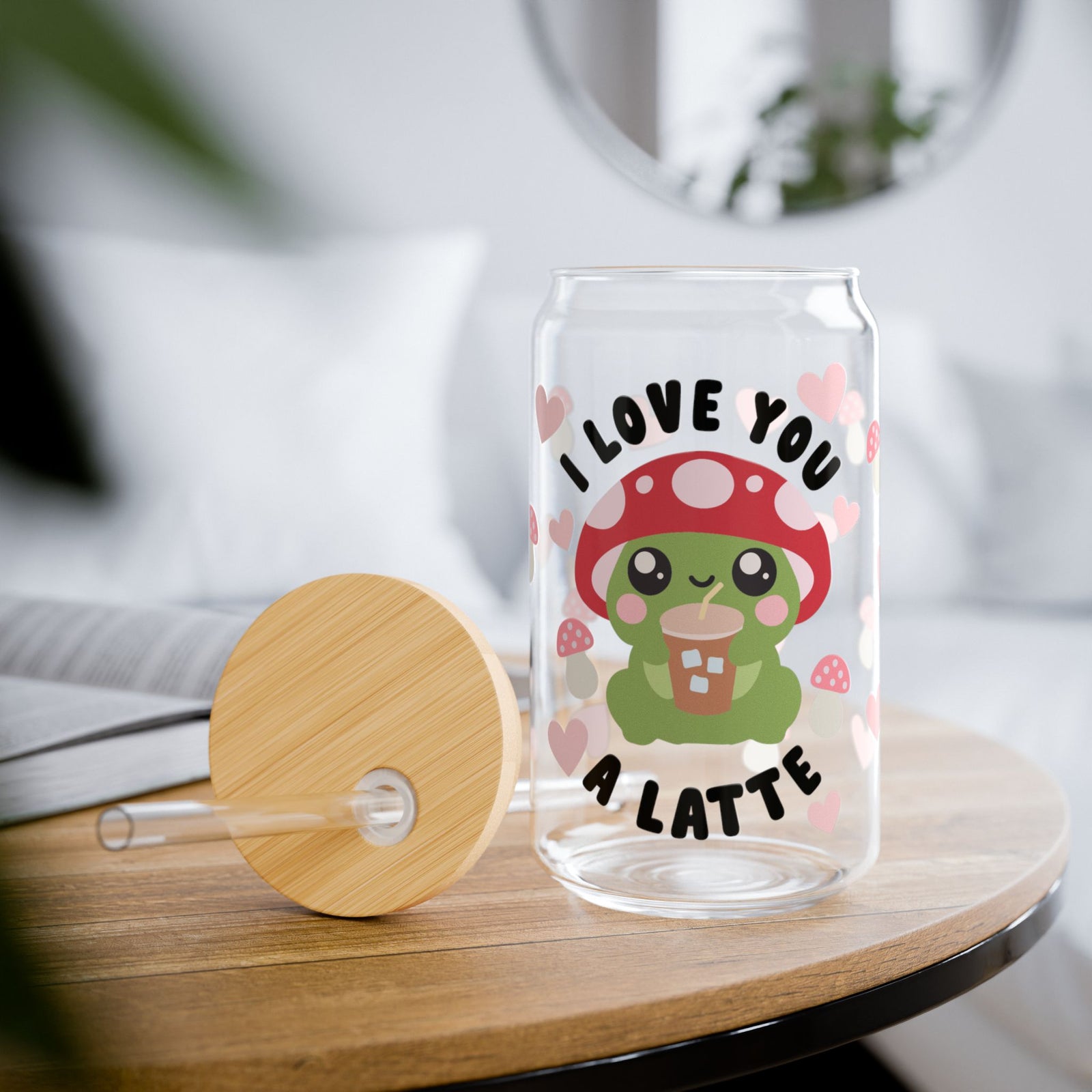 Love You a Latte Mushroom Tumbler Sipper Glass 16oz — Reusable Drink Jar with Lid & Straw - Sydney So Sweet
