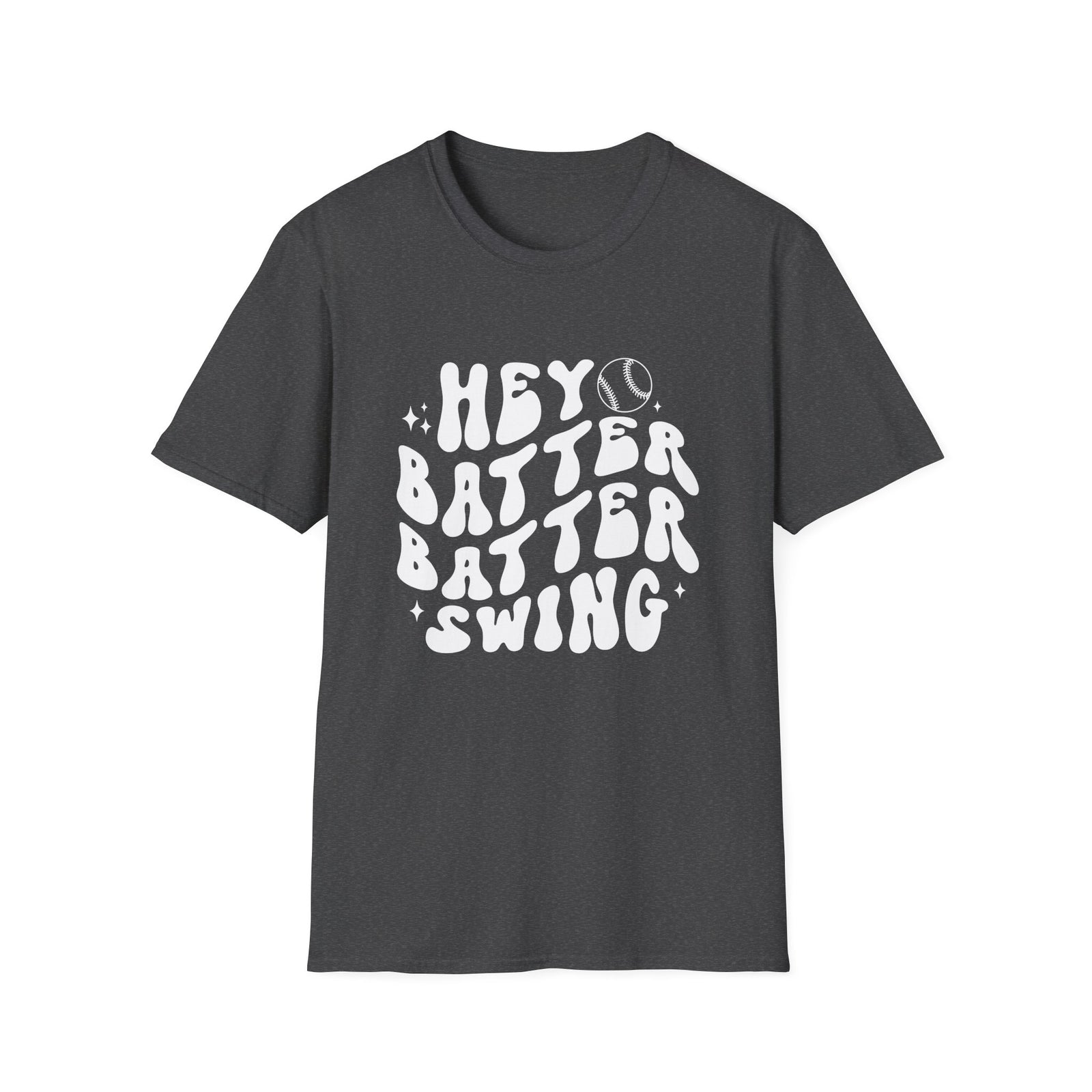 Hey Batter Batter Swing Baseball or Softball Retro Font Graphic T-Shirt Sports Tee (12 Team Colors)
