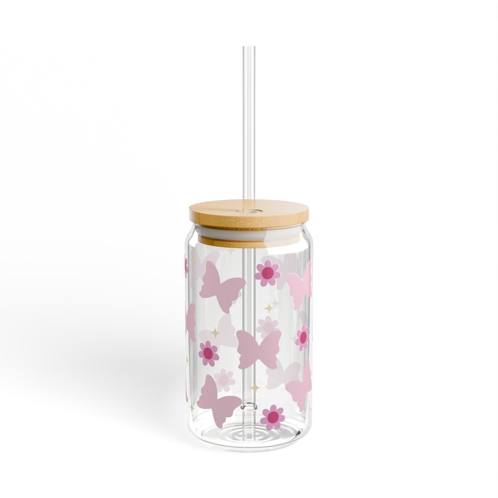 Butterflies & Daisies Tumbler Sipper Glass 16oz — Reusable Drink Jar with Lid & Straw