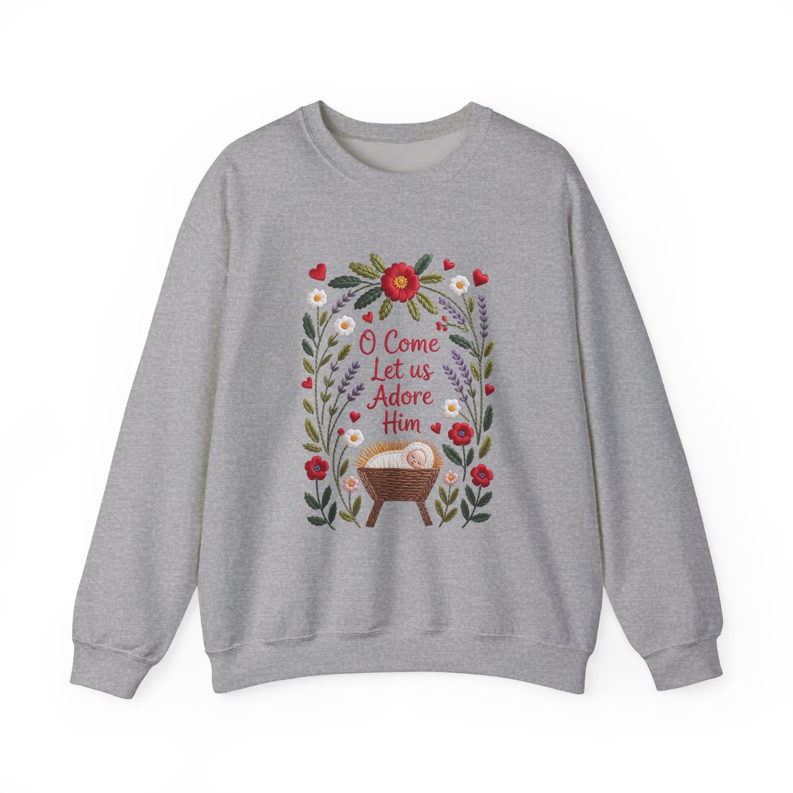 O Come Let Us Adore Him Faux Embroidery Christmas Nativity Crewneck Unisex Sweatshirt