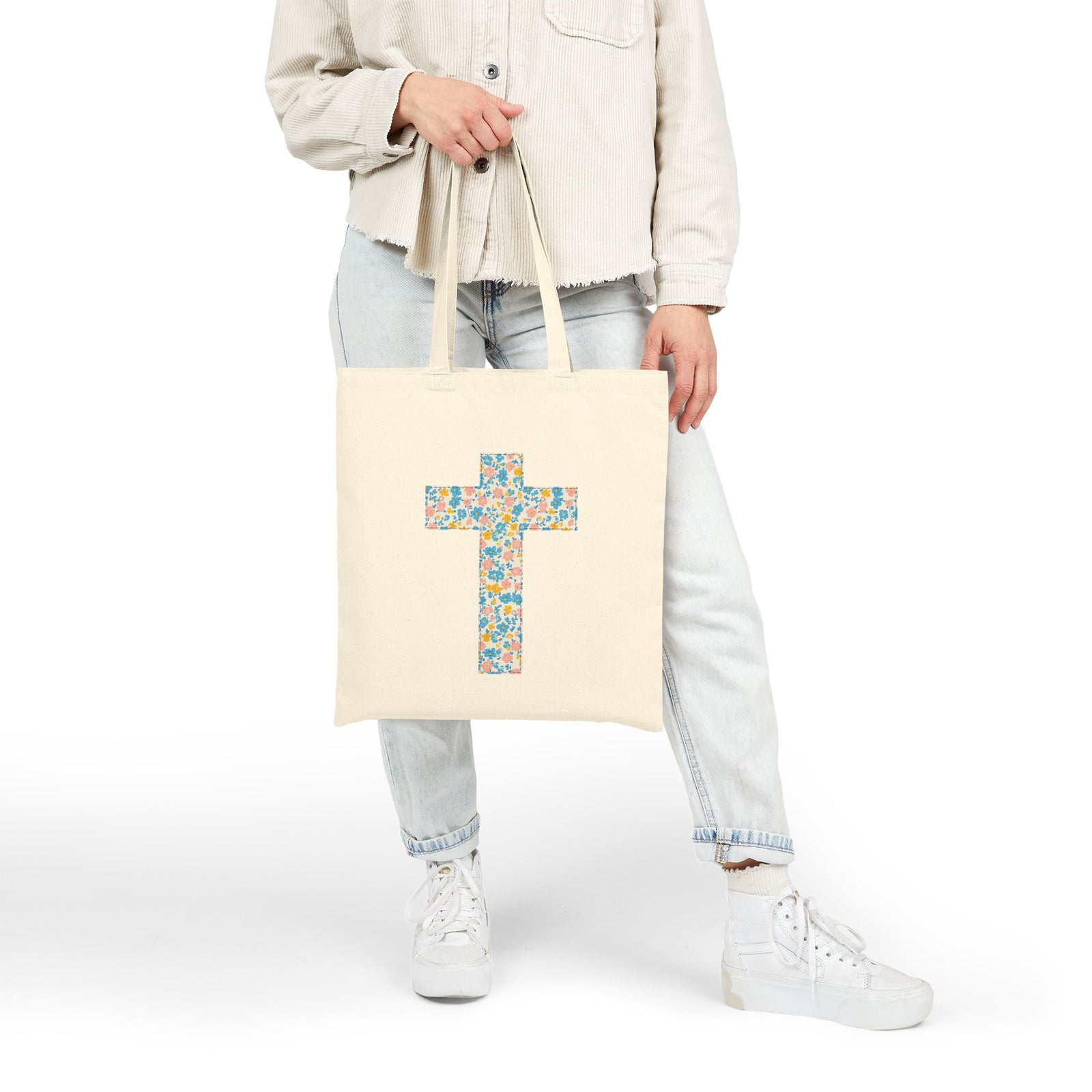 Floral Cross Canvas Tote Bag Christian Faith Reusable Grocery & Church Bag