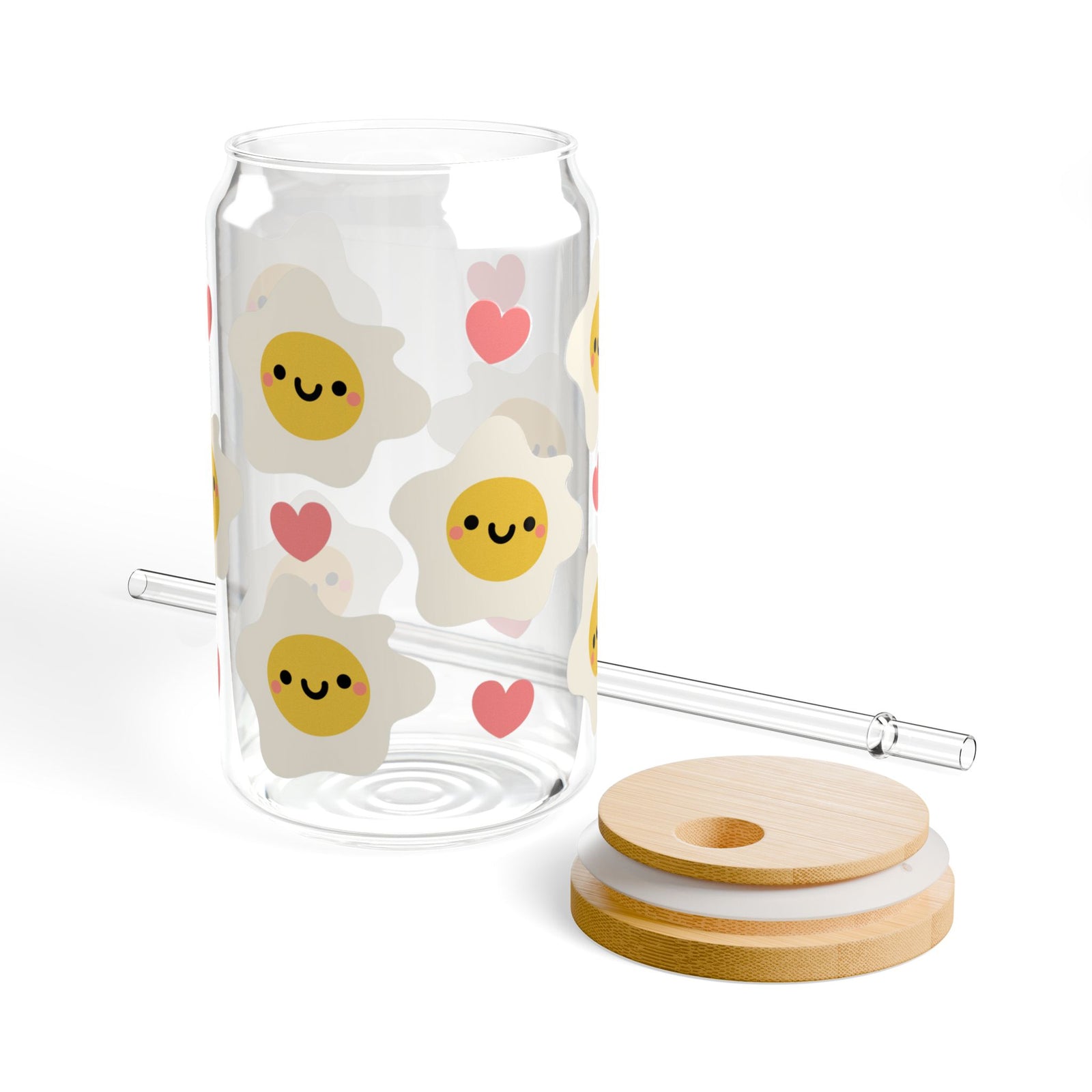 Kawaii Eggs Tumbler Sipper Glass 16oz — Reusable Drink Jar with Lid & Straw