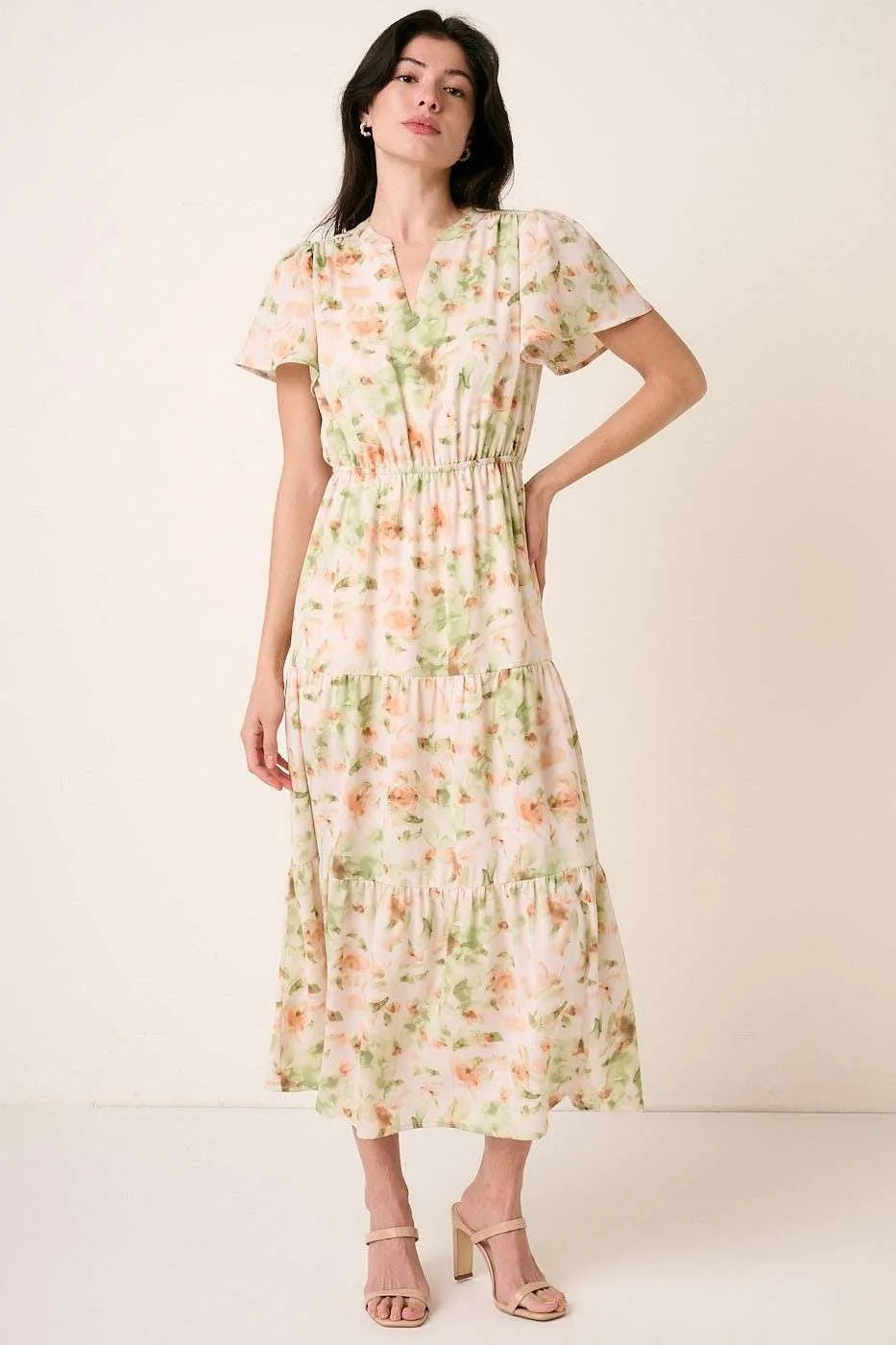 Mittoshop Flower Print Flutter Sleeve V Slit Maxi Dress - Sydney So Sweet