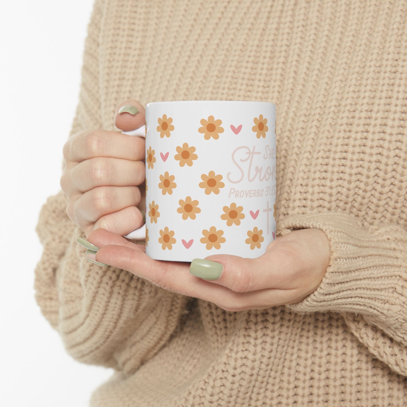 She Is Strong Ceramic Mug — Proverbs 31:25 Yellow Floral Inspirational Coffee Cup - Sydney So Sweet