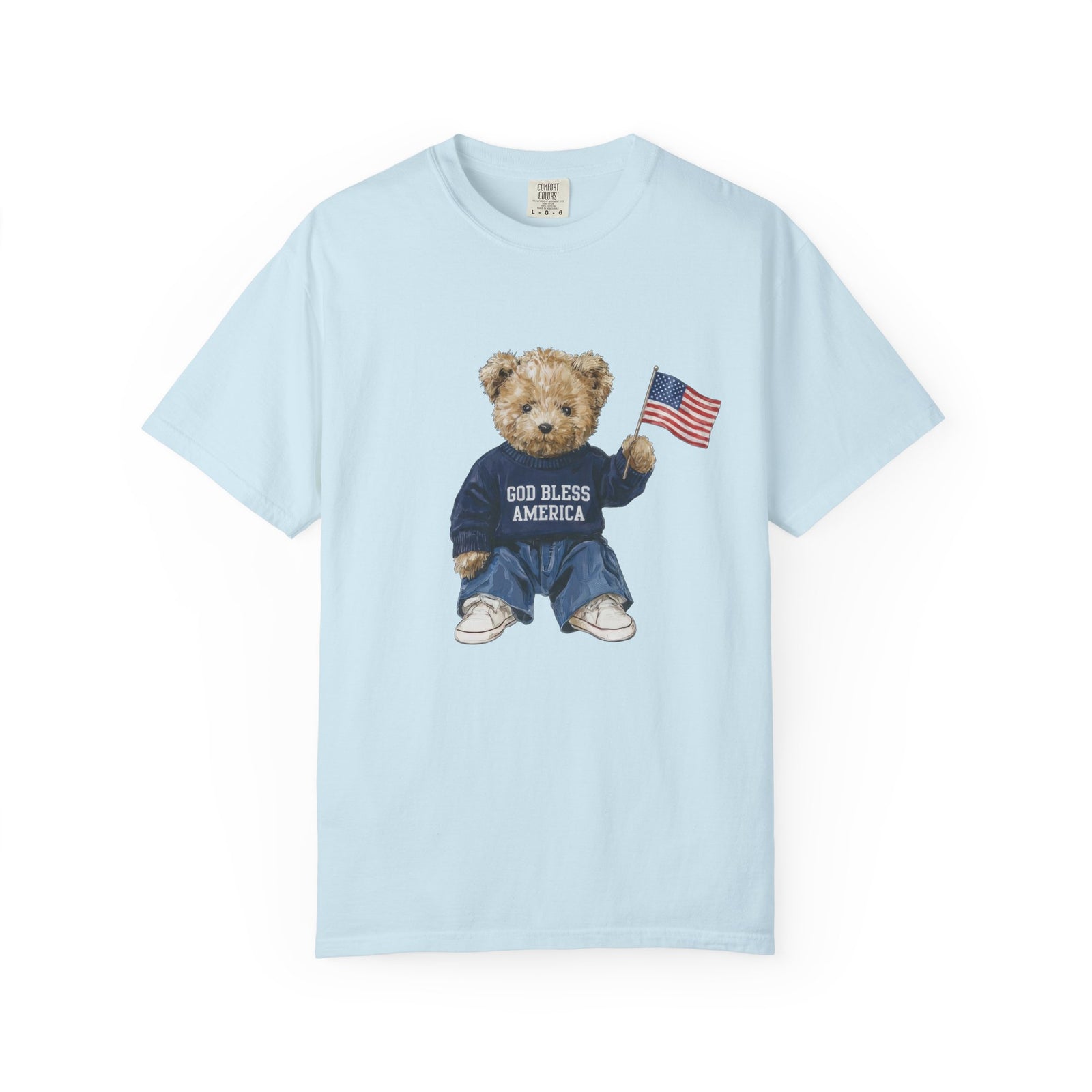 God Bless America Patriotic Teddy Bear with Flag Graphic T-Shirt