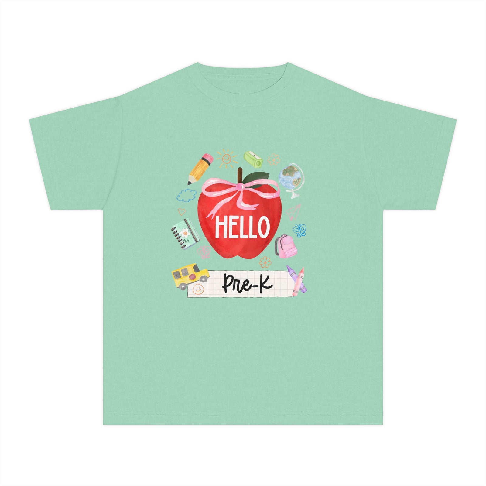 Hello Pre-K Preppy Coquette Apple Graphic Tee Back to School Pre-K T-Shirt