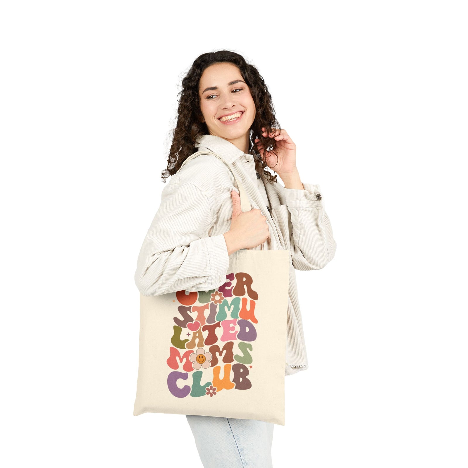 Overstimulated Moms Club Retro Floral Canvas Tote Bag