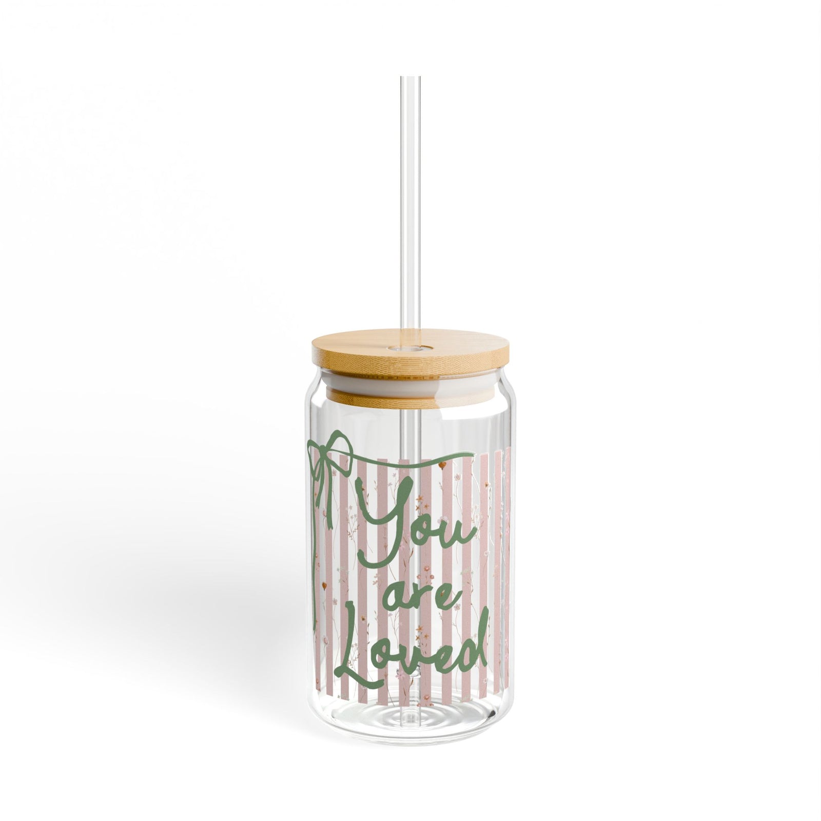 You Are Loved Pink Stripe Sipper Glass 16oz Reusable Drink Jar with Lid & Straw