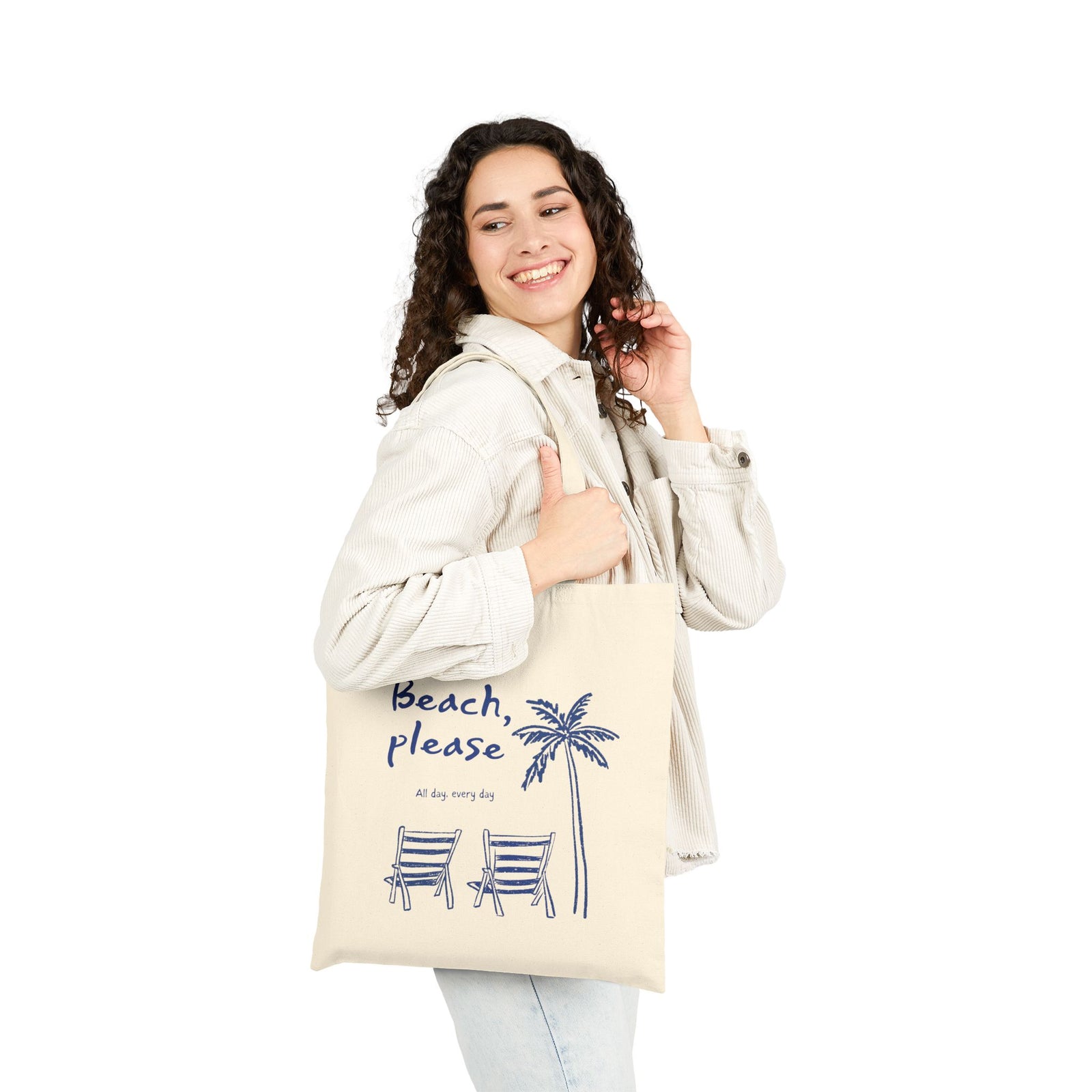 Beach Please Cotton Canvas Tote Bag Palm Tree & Chairs Summer Beach Bag