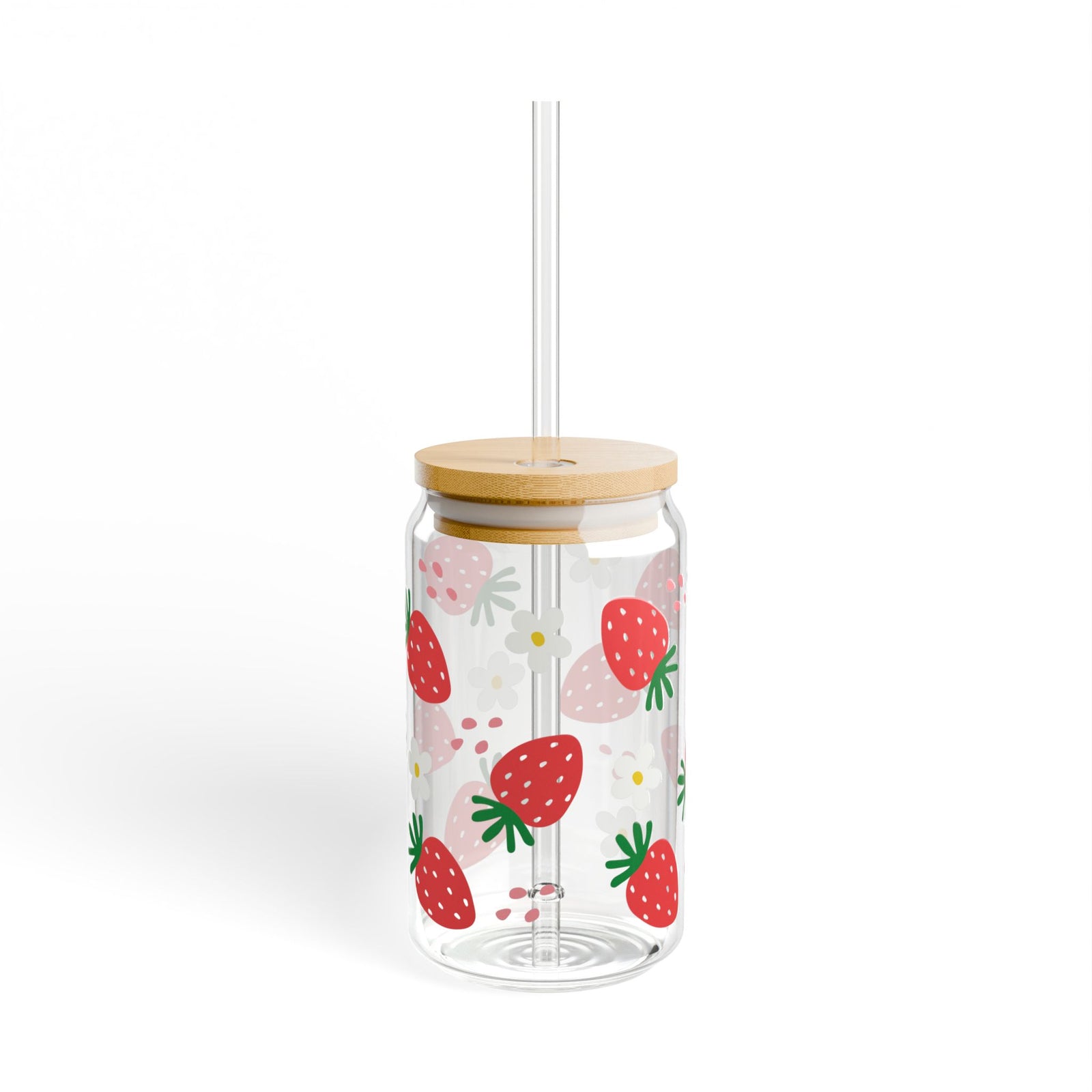 Strawberries Tumbler Sipper Glass 16oz — Reusable Drink Jar with Lid & Straw