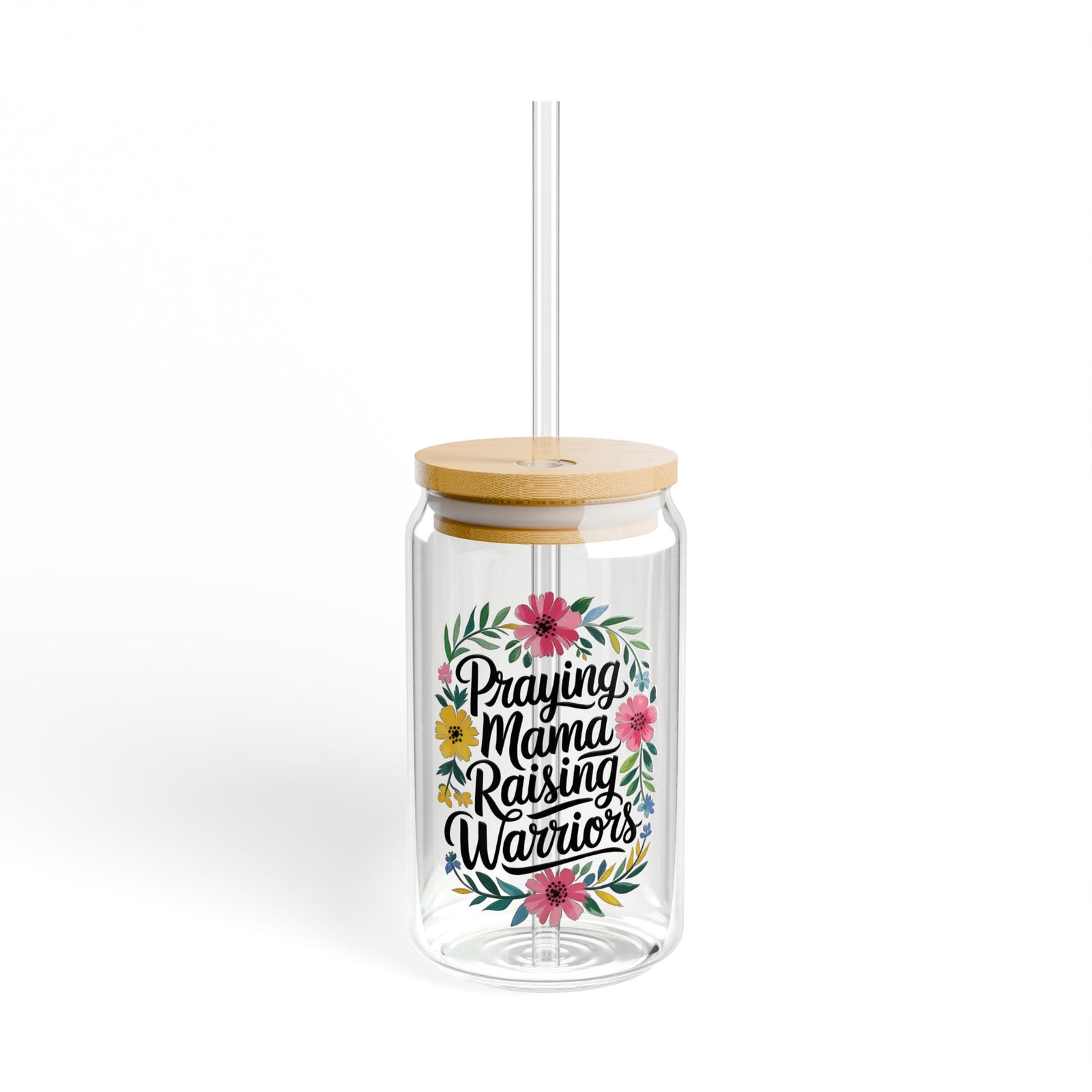 Praying Mama Raising Warriors Sipper Glass 16oz Reusable Drink Jar with Lid & Straw