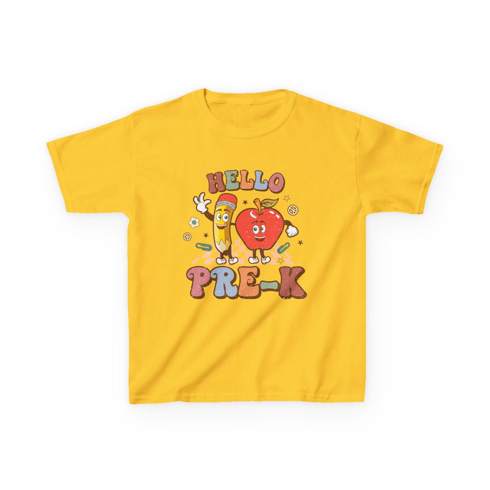 Hello Pre-K Grade Cute Apple & Pencil Graphic Tee Back-to-School Preschool Kids T-Shirt