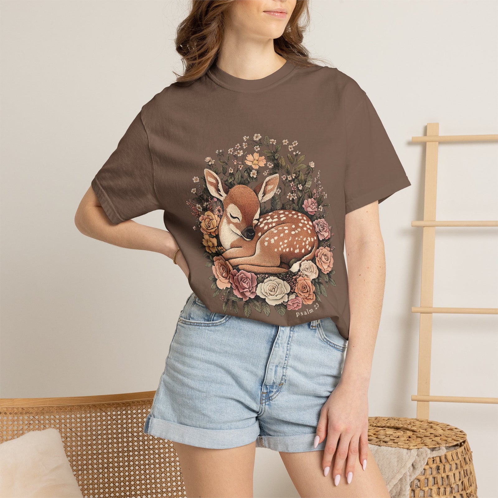 Sleeping Fawn Floral T-Shirt Psalm 23 Inspirational Christian Tee