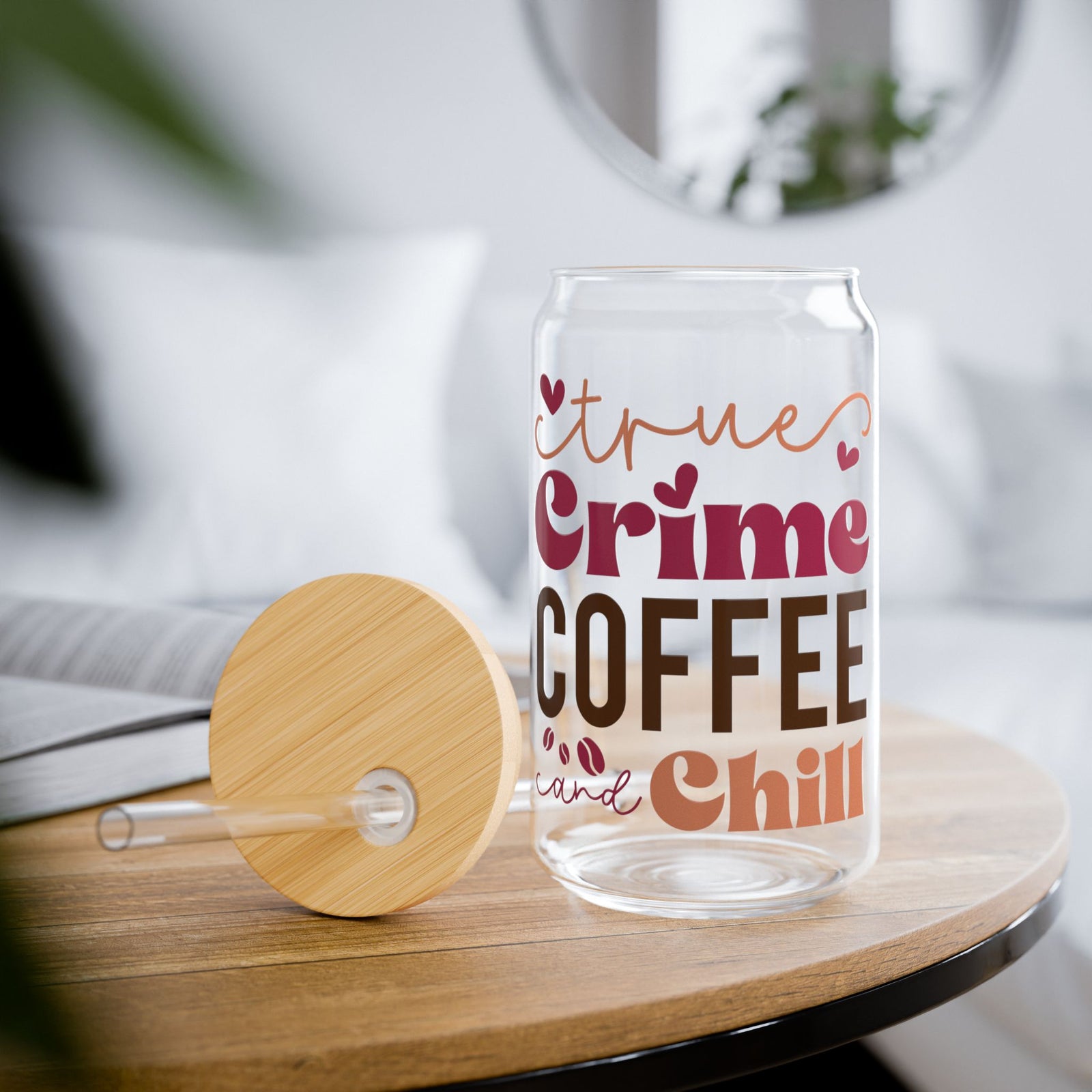 True Crime Coffee and Chill 16 oz reusable glass drink jar with lid and straw