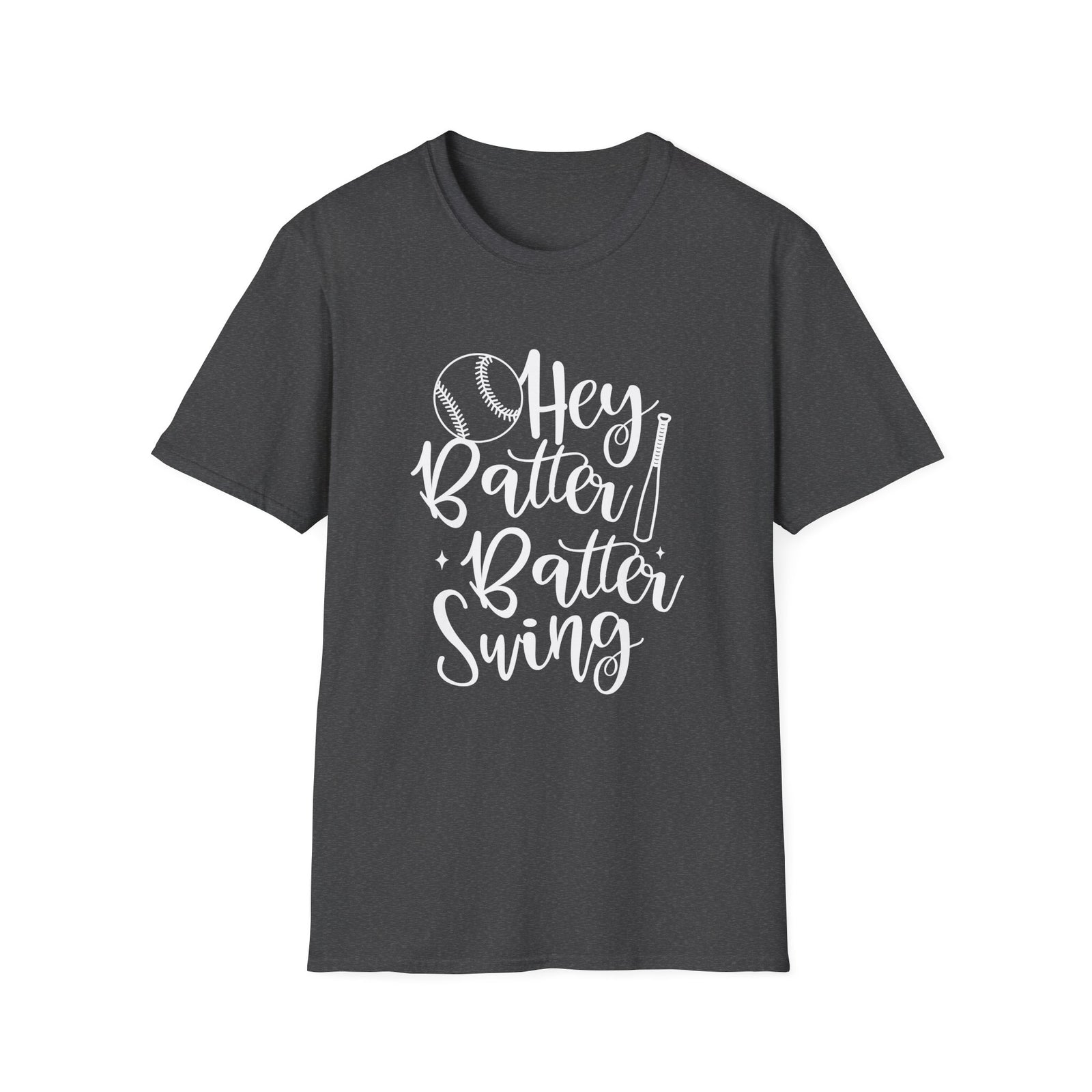 Hey Batter Batter Swing Baseball Graphic T-Shirt Cute Sports Mom Tee (12 Team Colors)