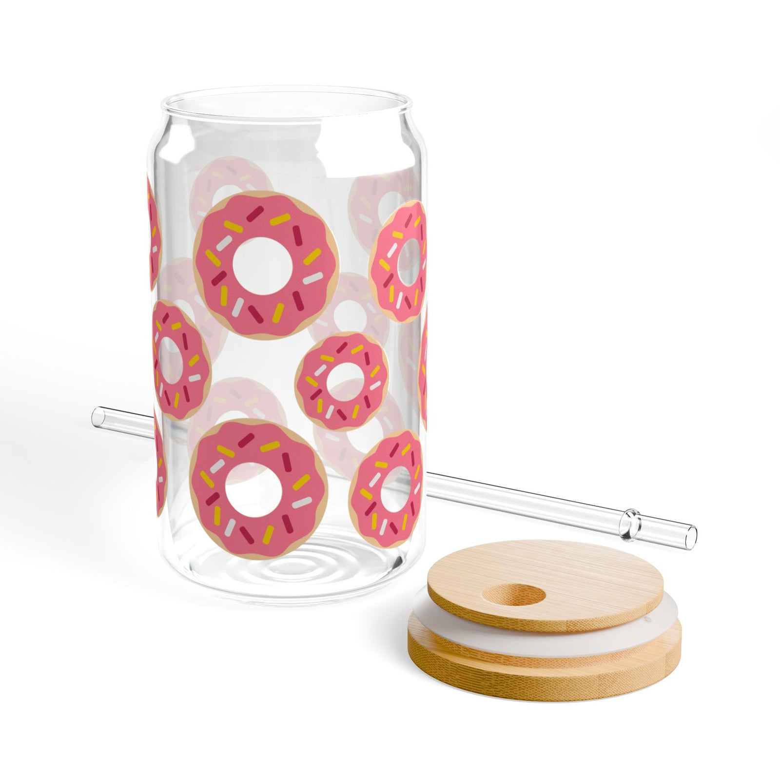 Donuts Tumbler Sipper Glass 16oz — Reusable Drink Jar with Lid & Straw