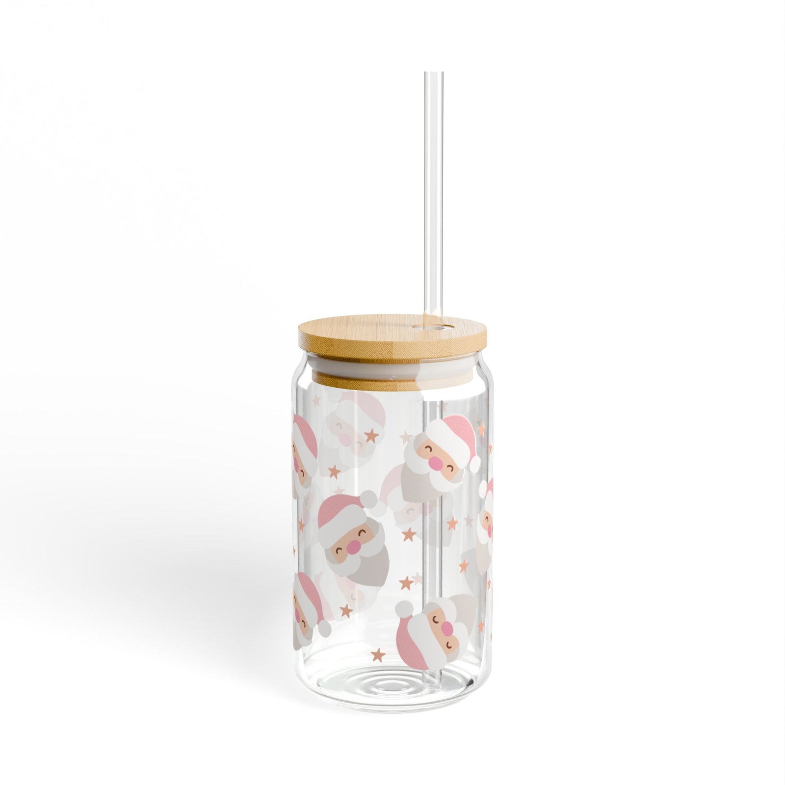 Pink Santa Claus Christmas 16 oz reusable glass drink jar with lid and straw