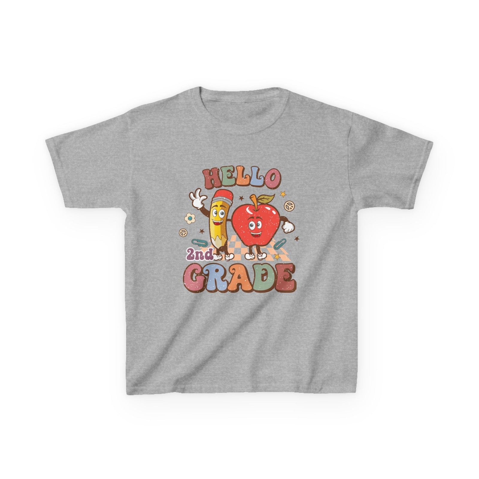 Hello 2nd Grade Cute Apple & Pencil Graphic Tee Back-to-School Second Grade Kids T-Shirt