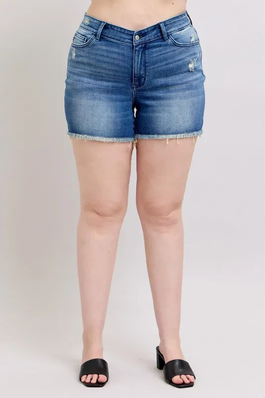 Judy Blue Full Size V-Front Denim Shorts with Shield Pockets Plus Size - Sydney So Sweet