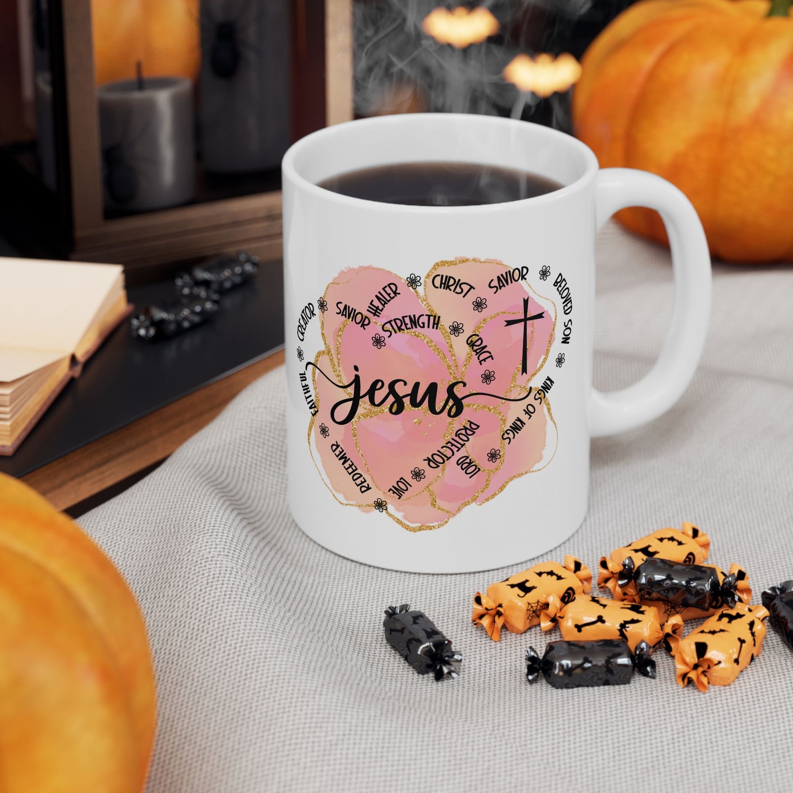 Jesus Strength & Grace Ceramic Mug — Pink Watercolor Cross Inspirational Coffee Cup (11oz/15oz) - Sydney So Sweet