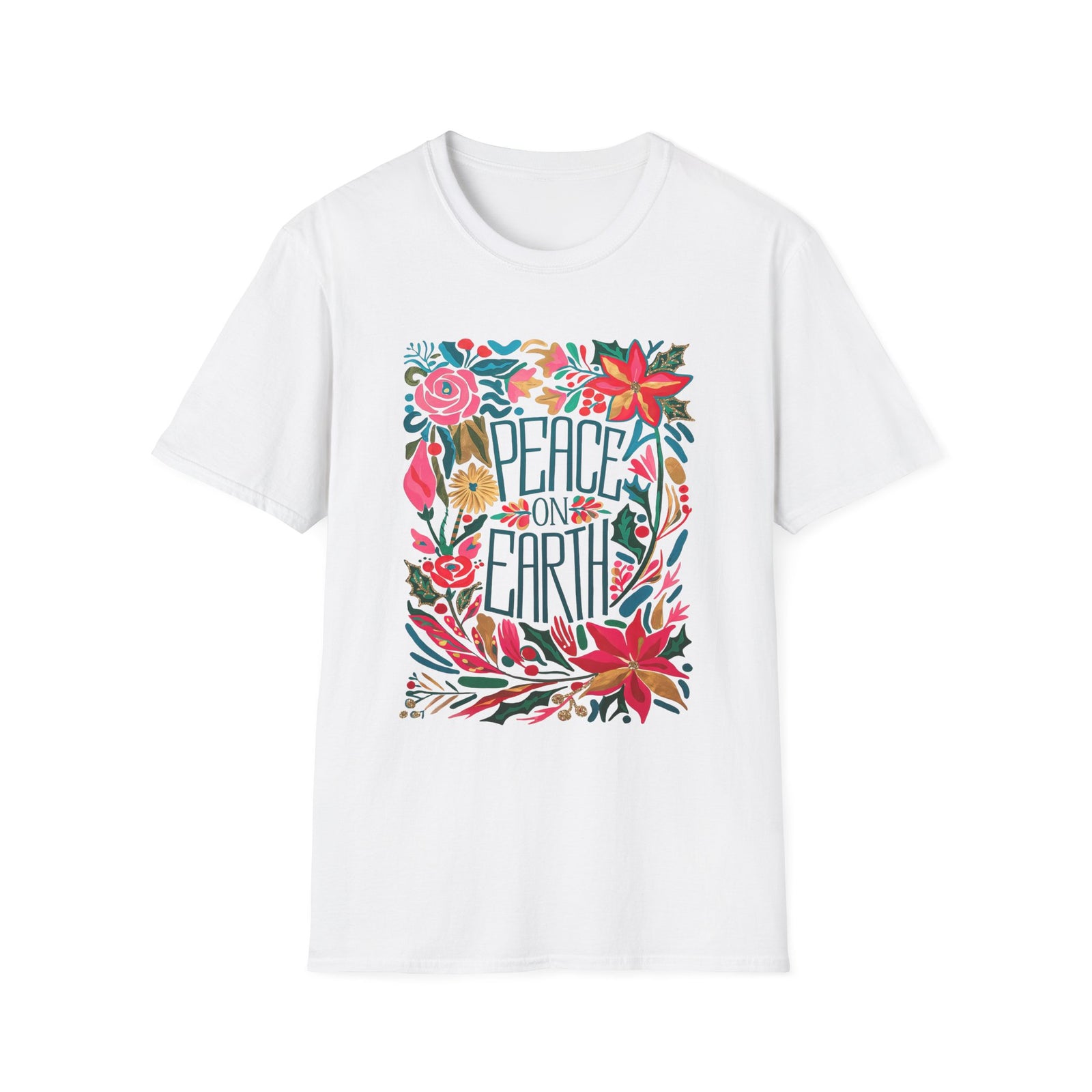 Peace on Earth Bright Christmas Florals Tee Graphic T-Shirt