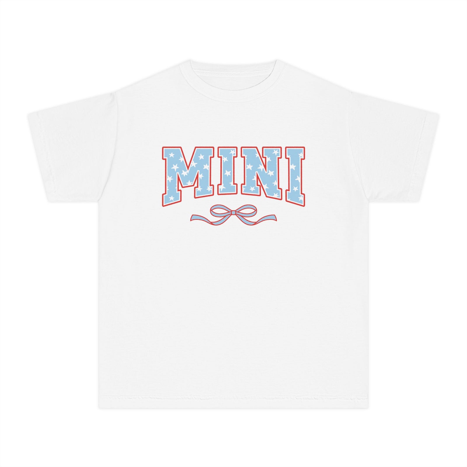 Mini 4th of July USA Coquette Varsity Blue Bow Patriotic T-shirt Preppy Star Tee