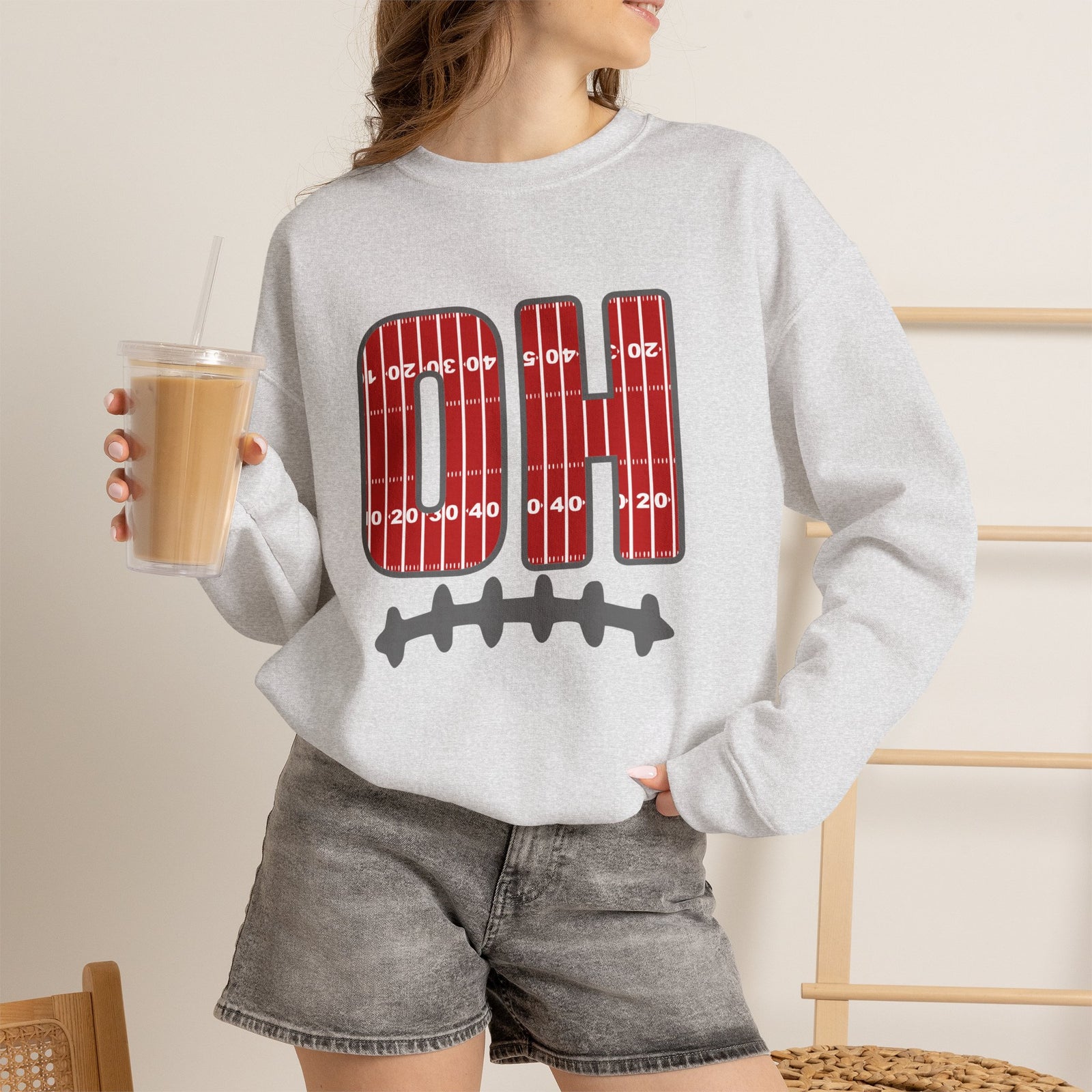 OH Football Field Stripe Ohio State Crew Neck Sweatshirt Scarlet & Gray Gameday Pullover