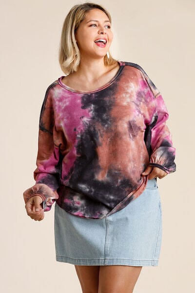 Umgee Full Size Tie Dye Round Neck Long Balloon Sleeve Top Plus Size - Sydney So Sweet