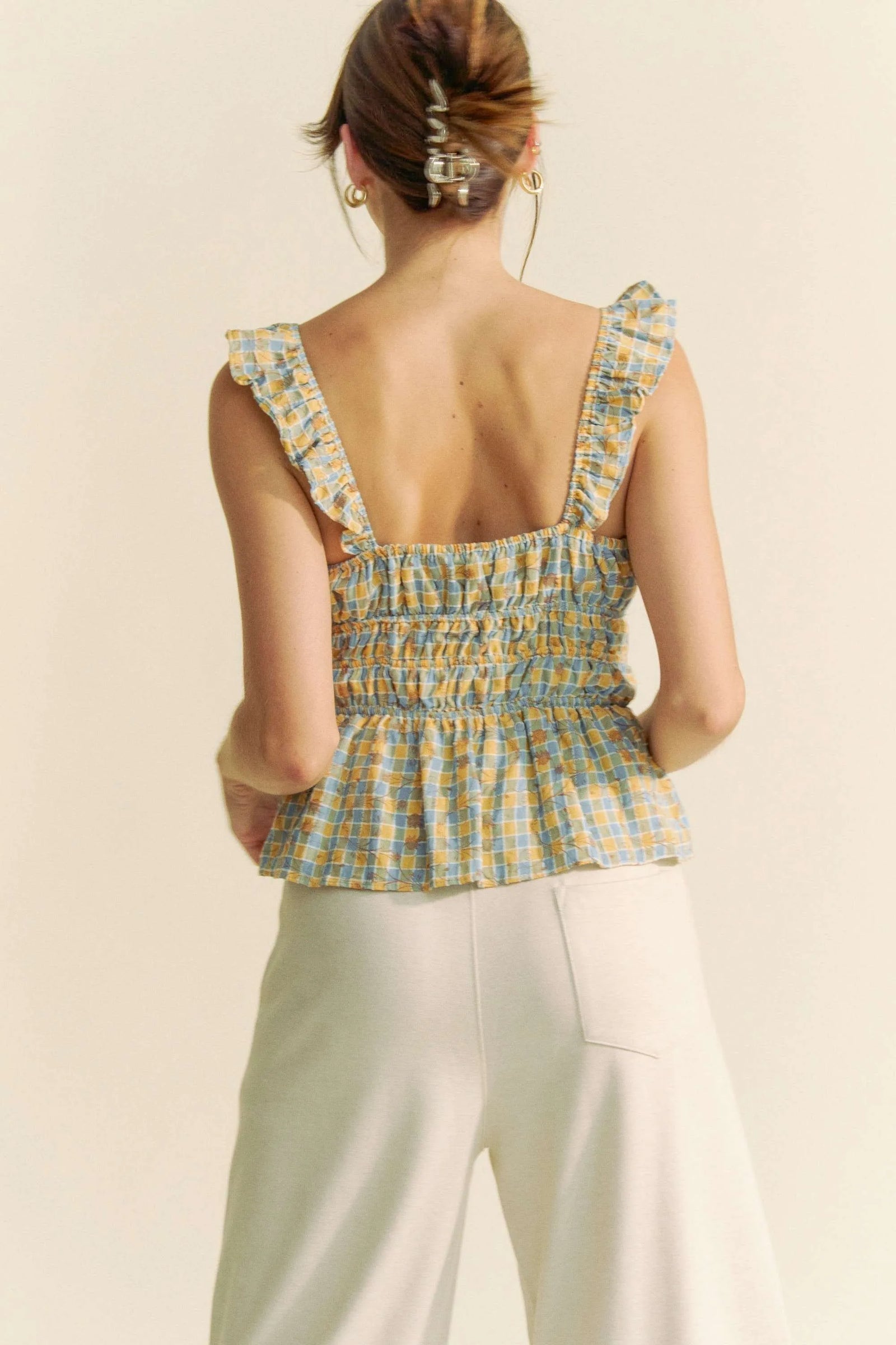 Davi & Dani Plaid Ruffled Strap Smocked Sleeveless Top - Sydney So Sweet