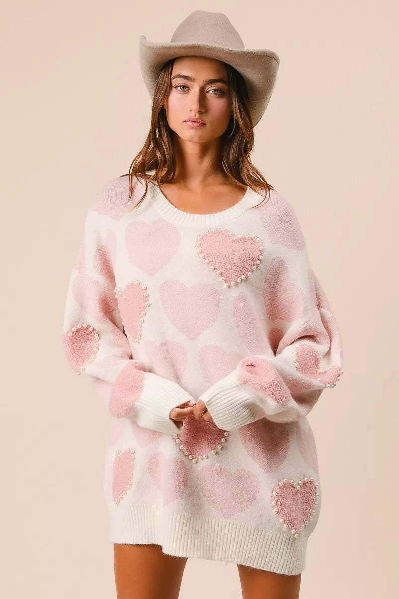 BiBi Heart Pattern Sweater with Pearl Detail - Sydney So Sweet