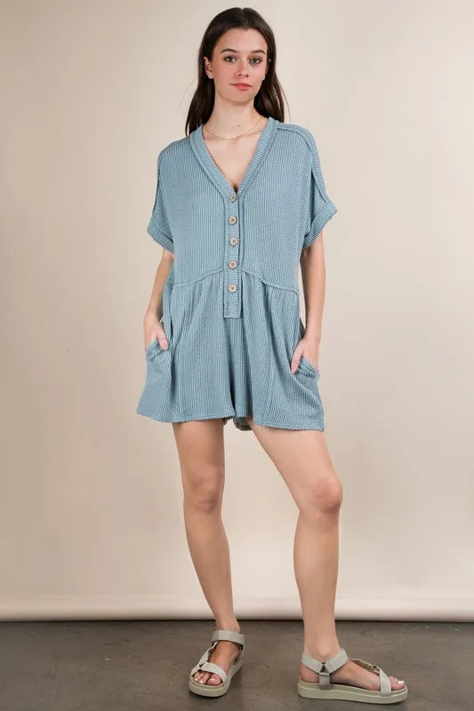 VERY J Two Tone Ribbed Knit Comfy Casual Romper - Sydney So Sweet
