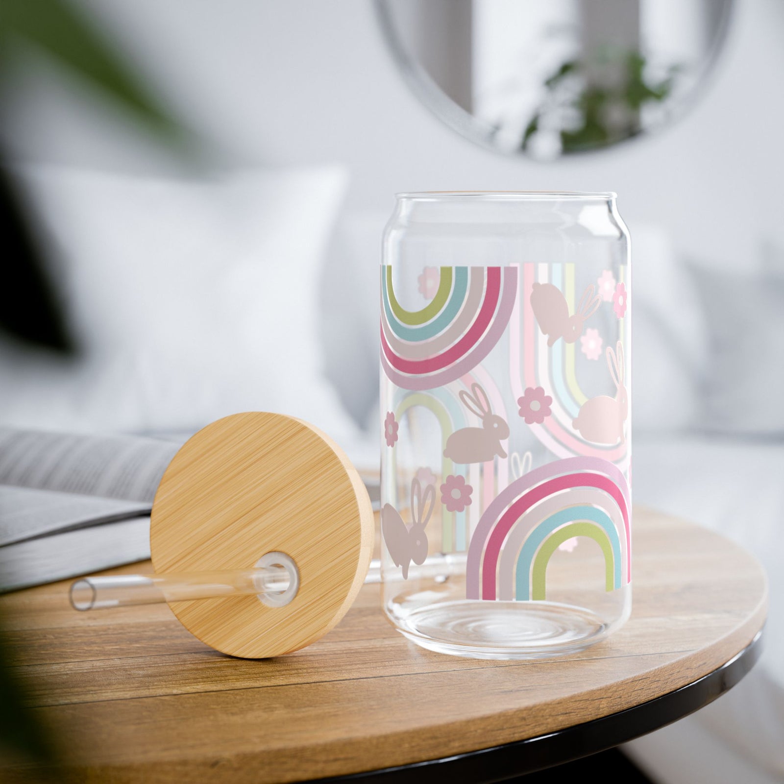 Pastel Bunny Rainbow Tumbler Sipper Glass 16oz — Reusable Drink Jar with Lid & Straw