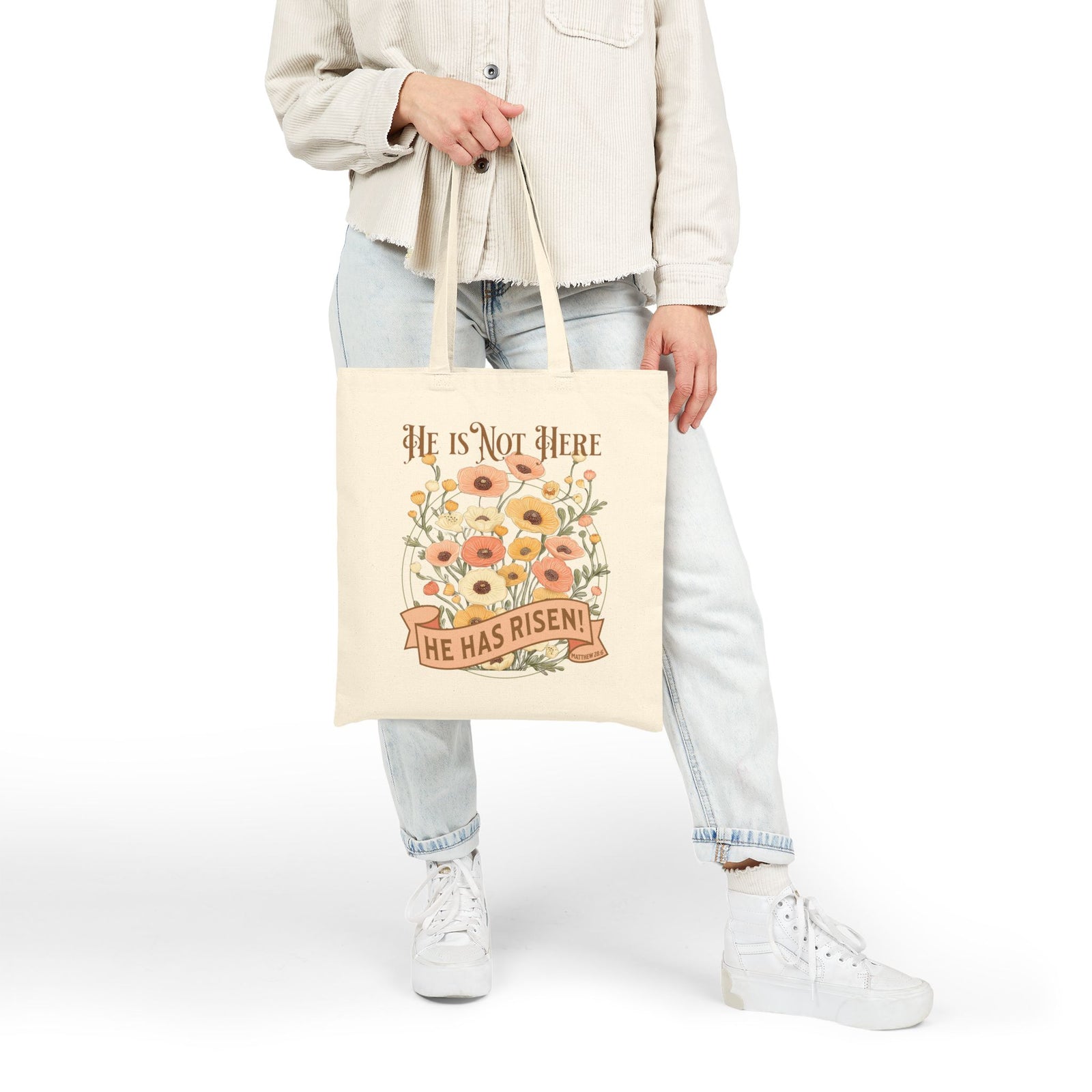 He Is Not Here He Has Risen Cotton Canvas Bag Easter Floral Tote