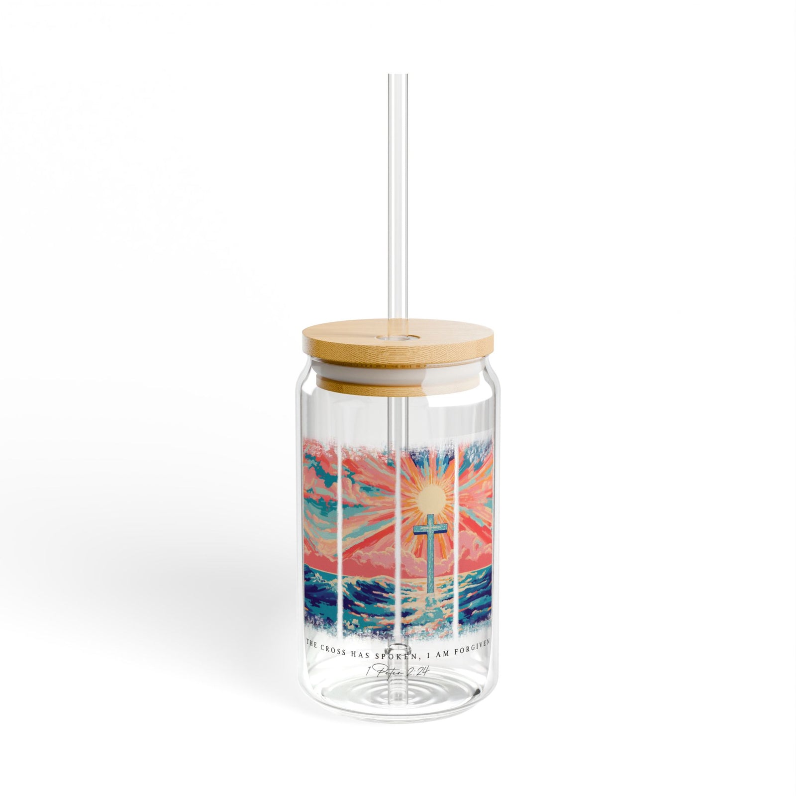 The Cross Has Spoken I am Forgiven Christian Sipper Glass 16oz Reusable Drink Jar with Lid & Straw