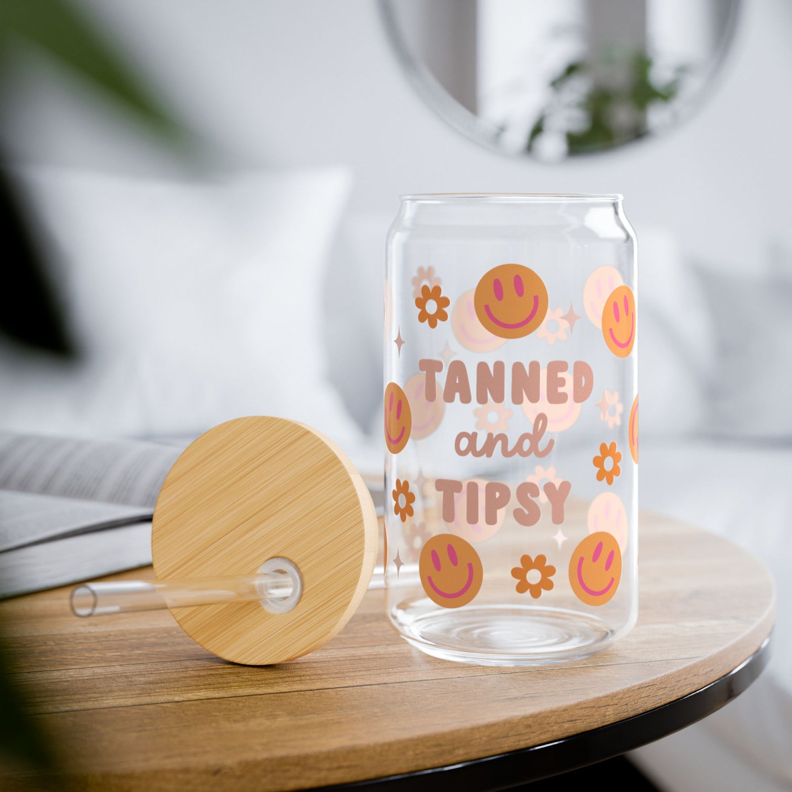 Tanned & Tipsy Tumbler Sipper Glass 16oz — Reusable Drink Jar with Lid & Straw