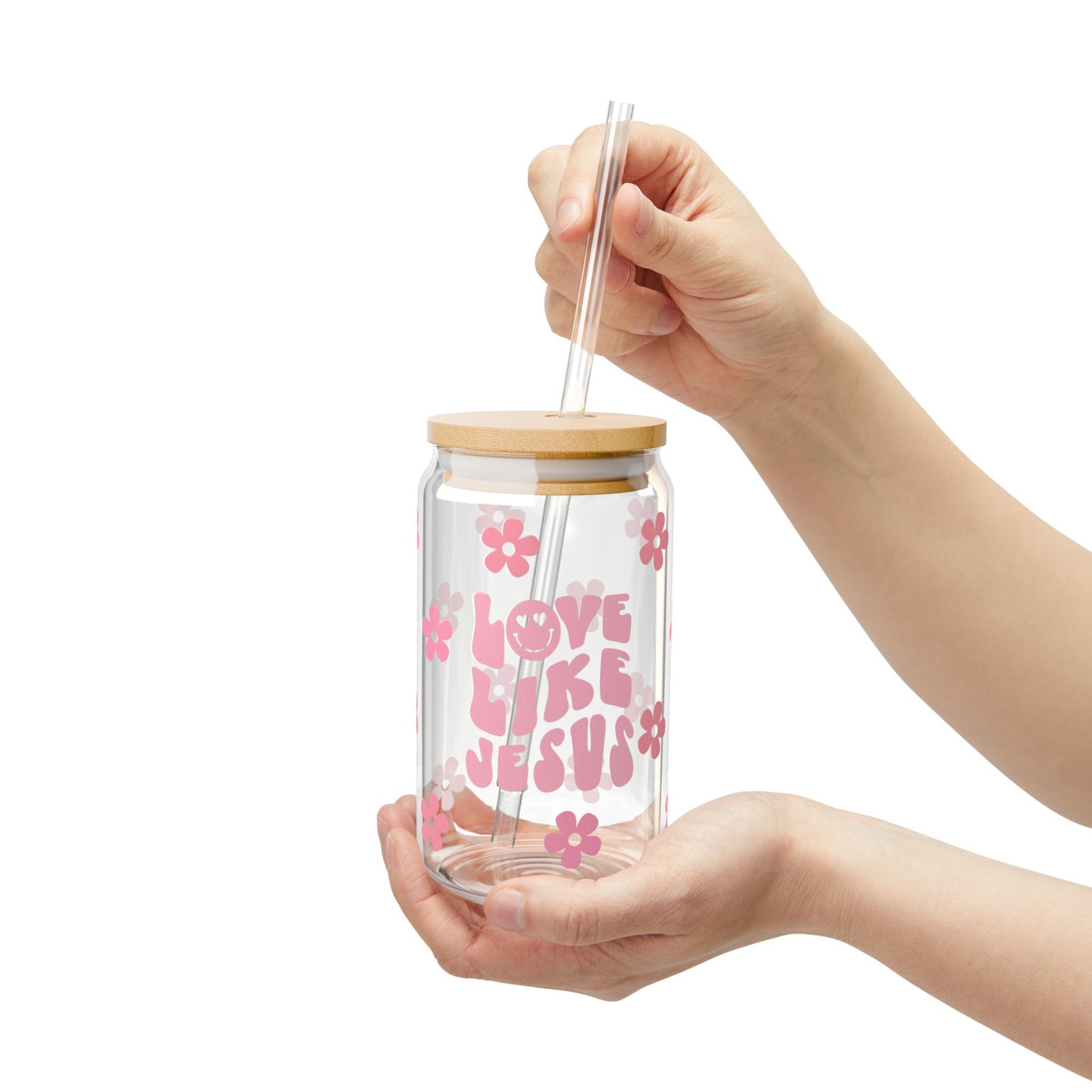 Love Like Jesus Pink Flower Floral Christian Tumbler Sipper Glass 16oz — Reusable Drink Jar with Lid & Straw - Sydney So Sweet