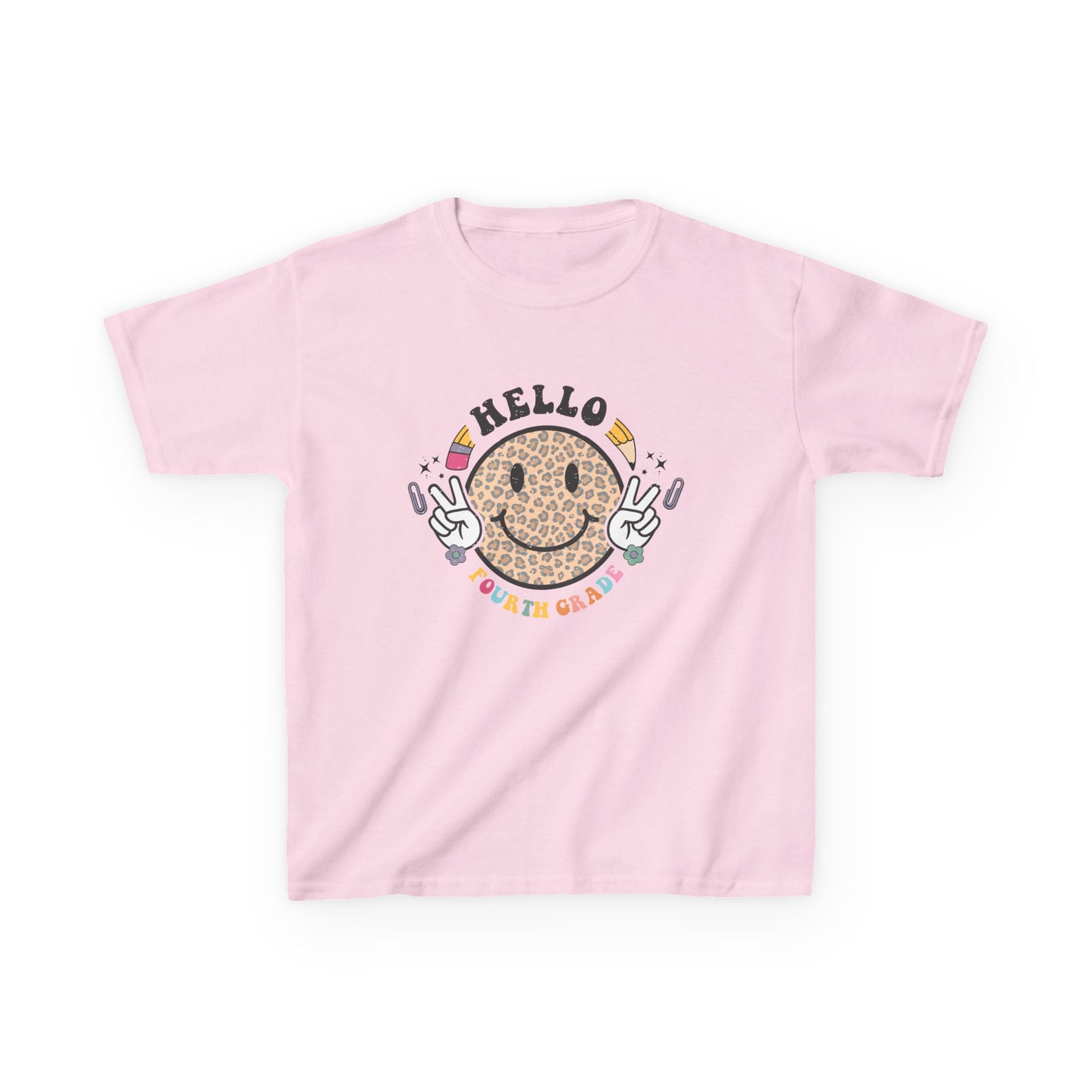 Fourth Grade Cheetah Smiley Face Graphic Tee Back-to-School 4th Grade Kids T-Shirt