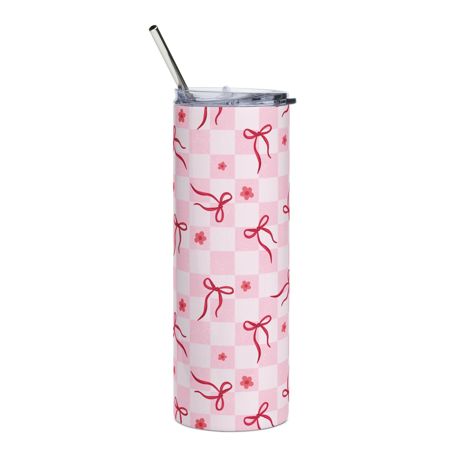 Pink Bow Checkered 20oz Stainless Steel Tumbler Travel Cup Water Bottle