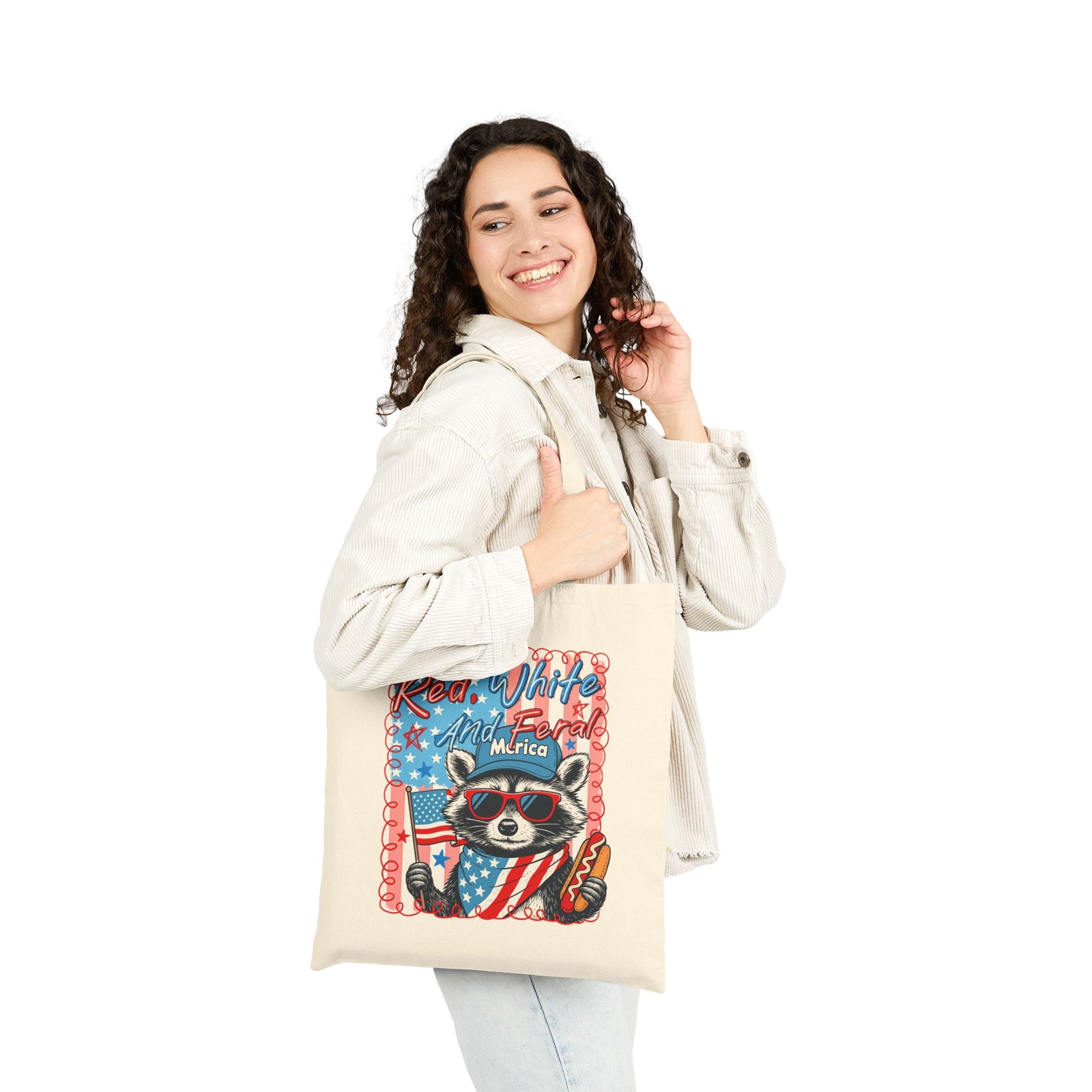 Red White and Feral Patriotic Raccoon Cotton Canvas Tote Bag