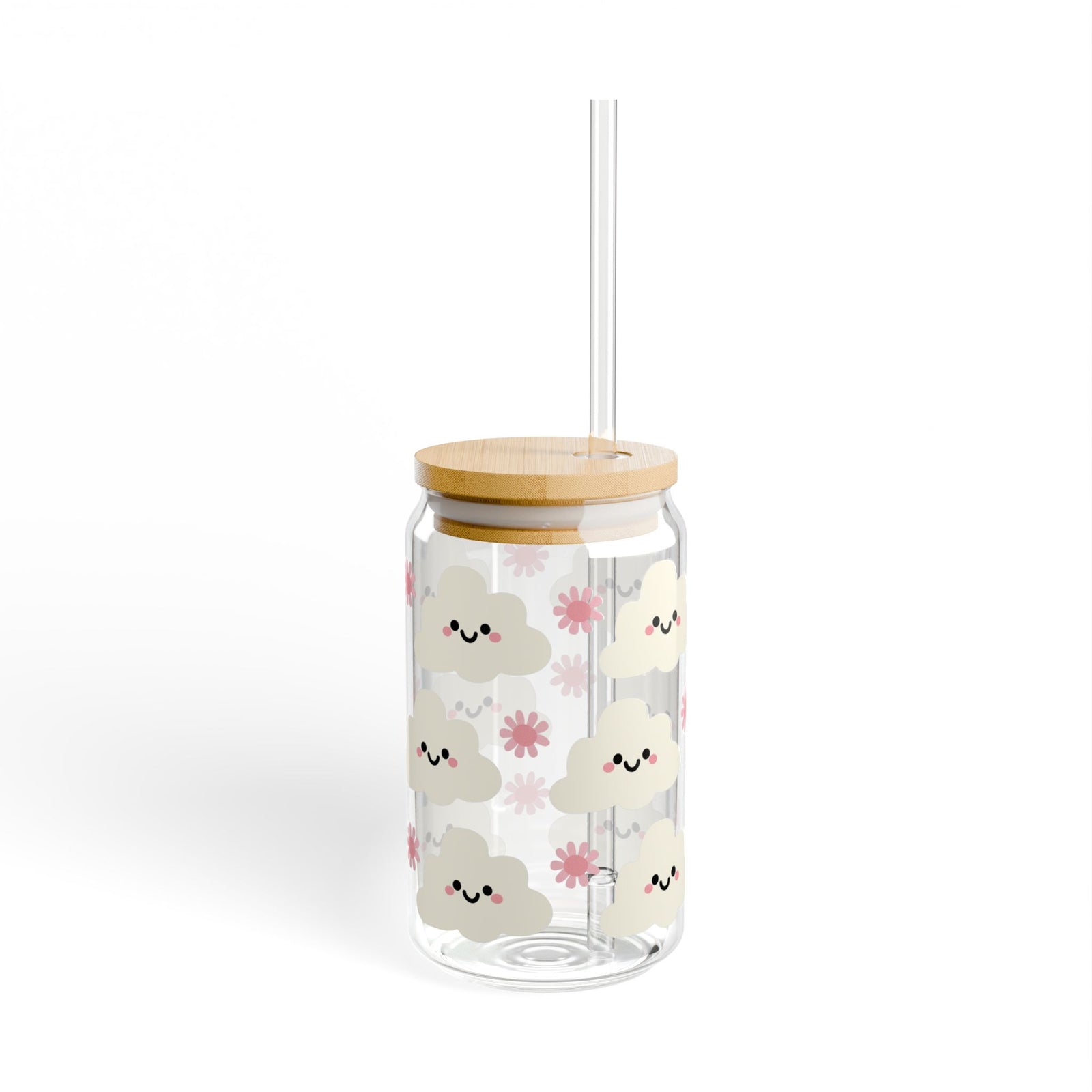 Cute Kawaii Cloud Tumbler Sipper Glass 16oz — Reusable Drink Jar with Lid & Straw
