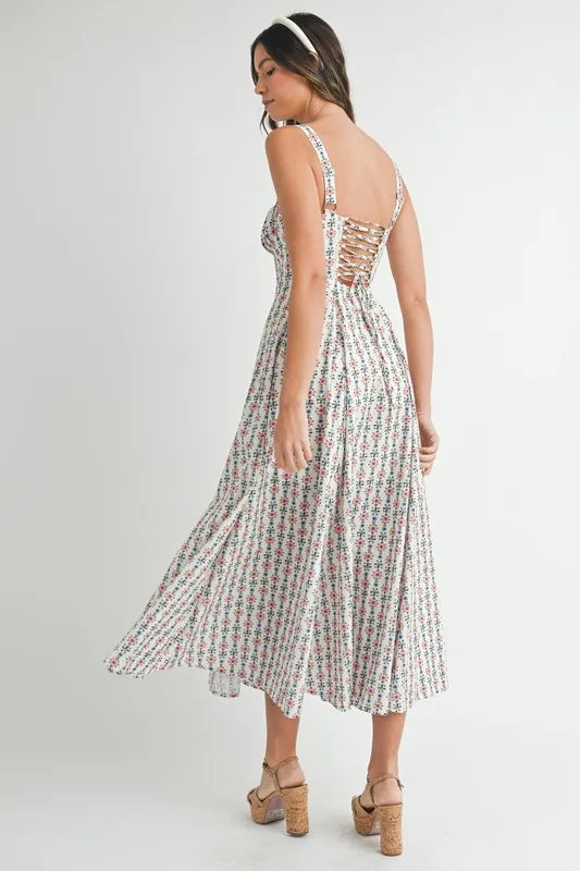 MABLE Floral Print Bustier Back Lace Up Midi Dress - Sydney So Sweet