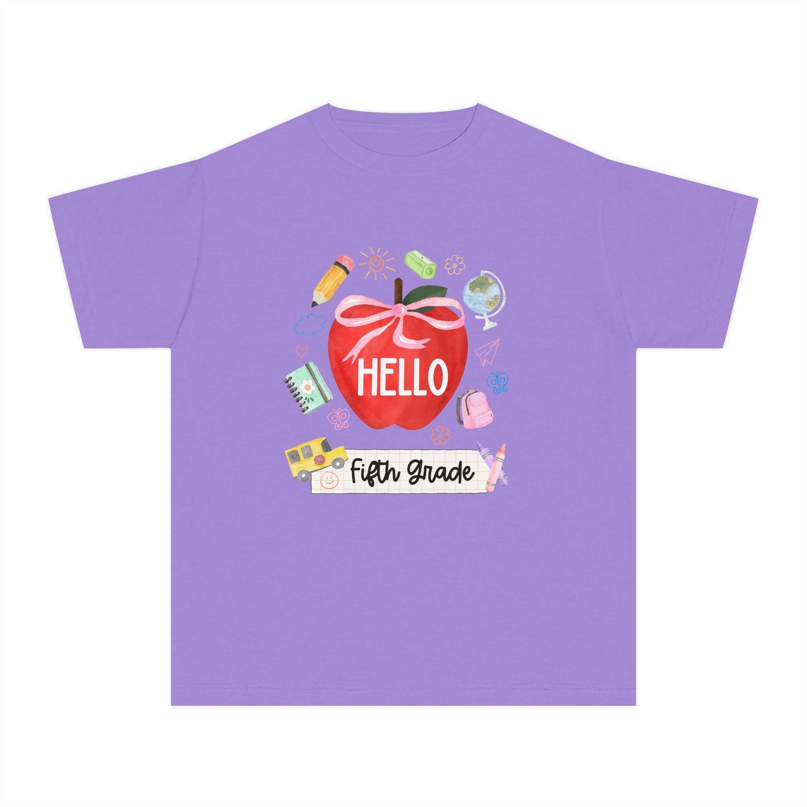 Hello Fifth Grade Preppy Coquette Apple Graphic Tee Back to School 5th Grade T-Shirt
