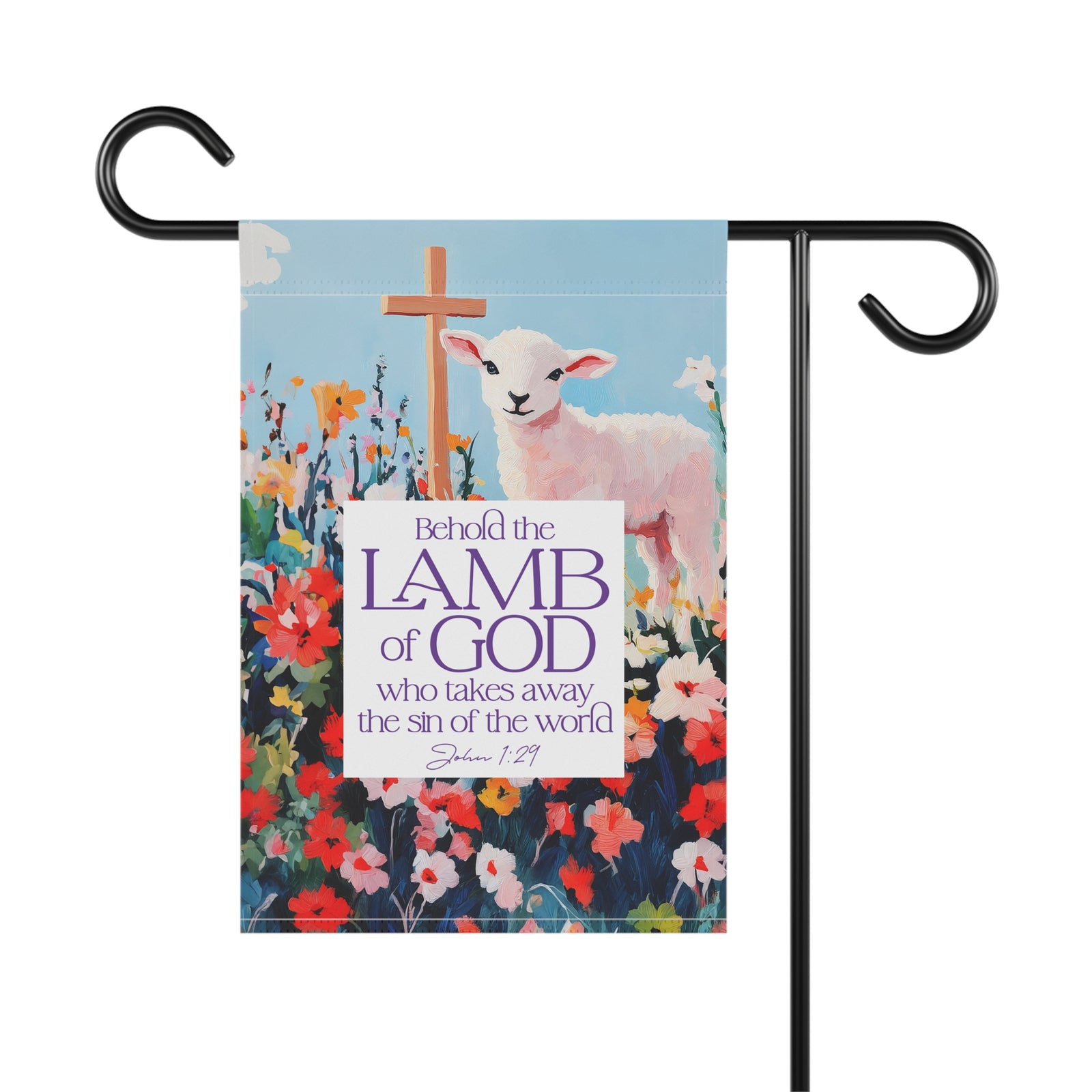Behold the Lamb of God Garden Flag Easter Floral Lamb Bible Verse Banner