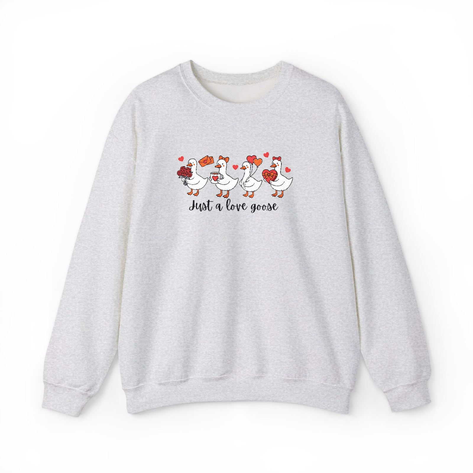 Just a Love Goose Valentine's Day Women's Heavy Blend Cozy Crewneck Embroidered Sweatshirt - Sydney So Sweet