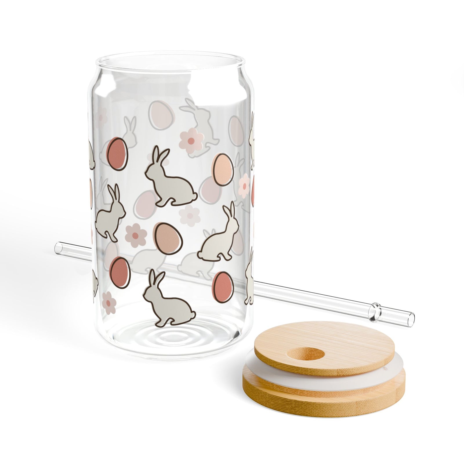 Sweet Bunny Tumbler Sipper Glass 16oz — Reusable Drink Jar with Lid & Straw